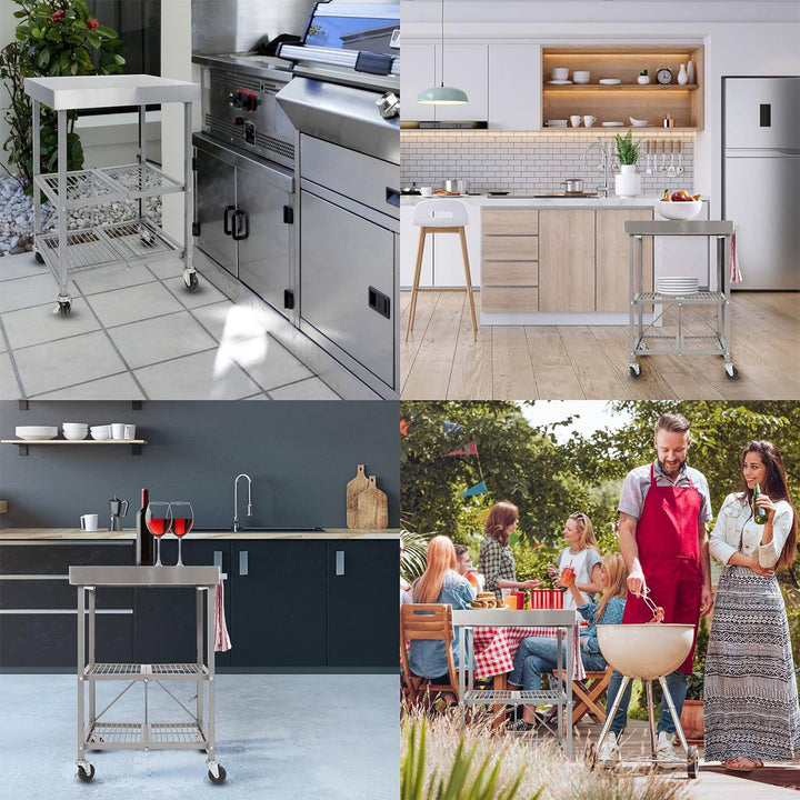 Origami RBT Fully Stainless Steel Foldable Kitchen Cart with Wheels, Silver - VMInnovations