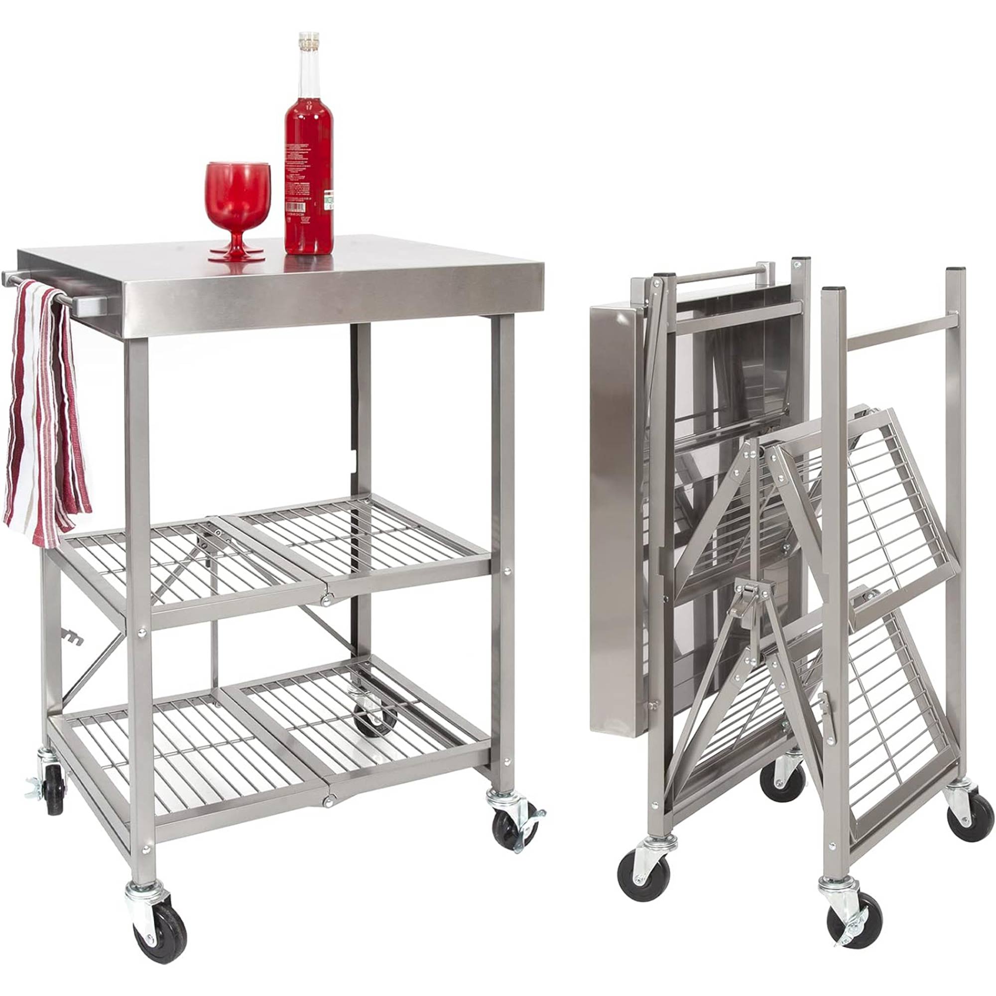 Origami RBT Fully Stainless Steel Foldable Kitchen Cart with Wheels, Silver - VMInnovations