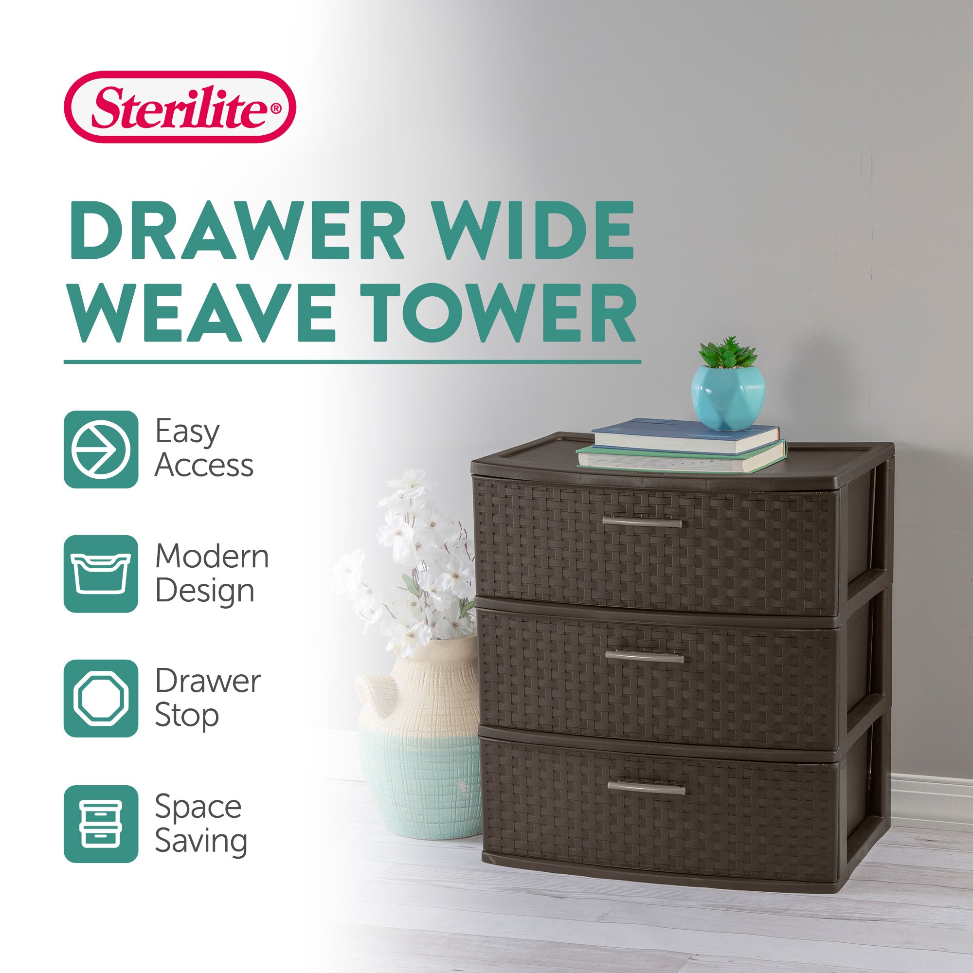 Sterilite 3 Drawer Wide Weave Storage Tower Plastic Organizer Drawers (2 Pack) - VMInnovations