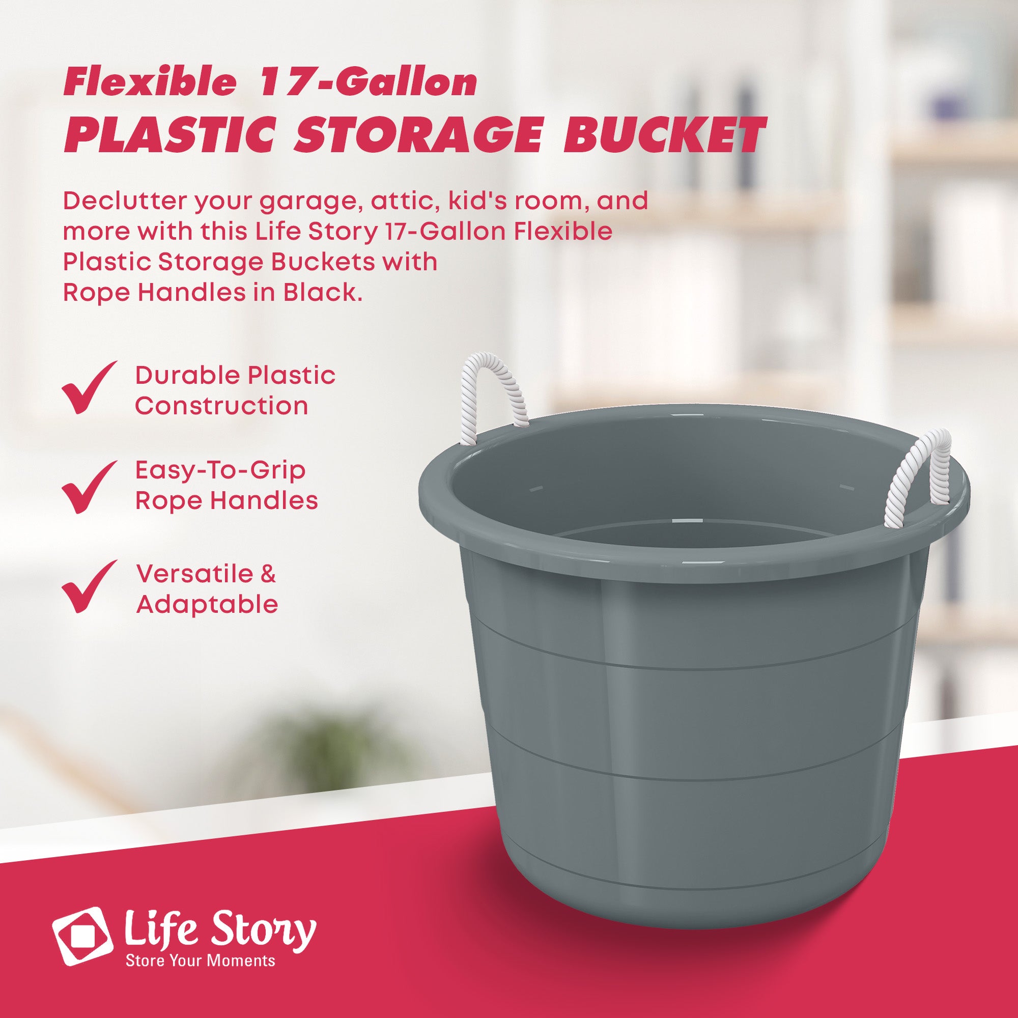 Life Story 17 Gallon Plastic Storage Open Top Bucket with Rope Handles, Gray