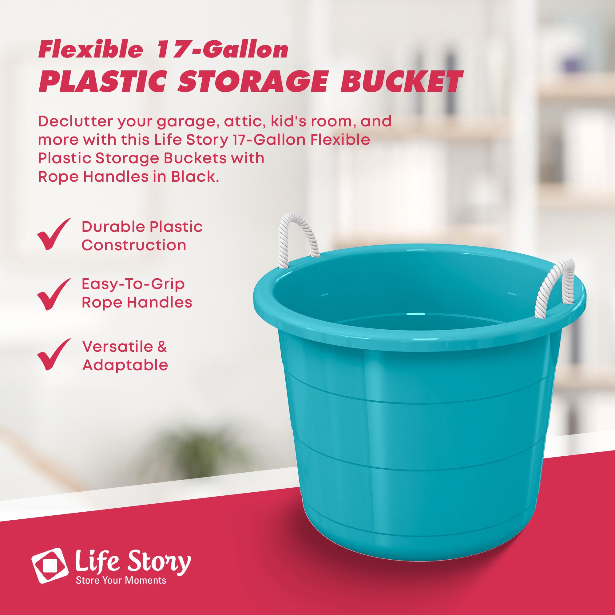 Life Story 17 Gallon Round Open Storage Bucket with Rope Handles, Teal, 8 Pack