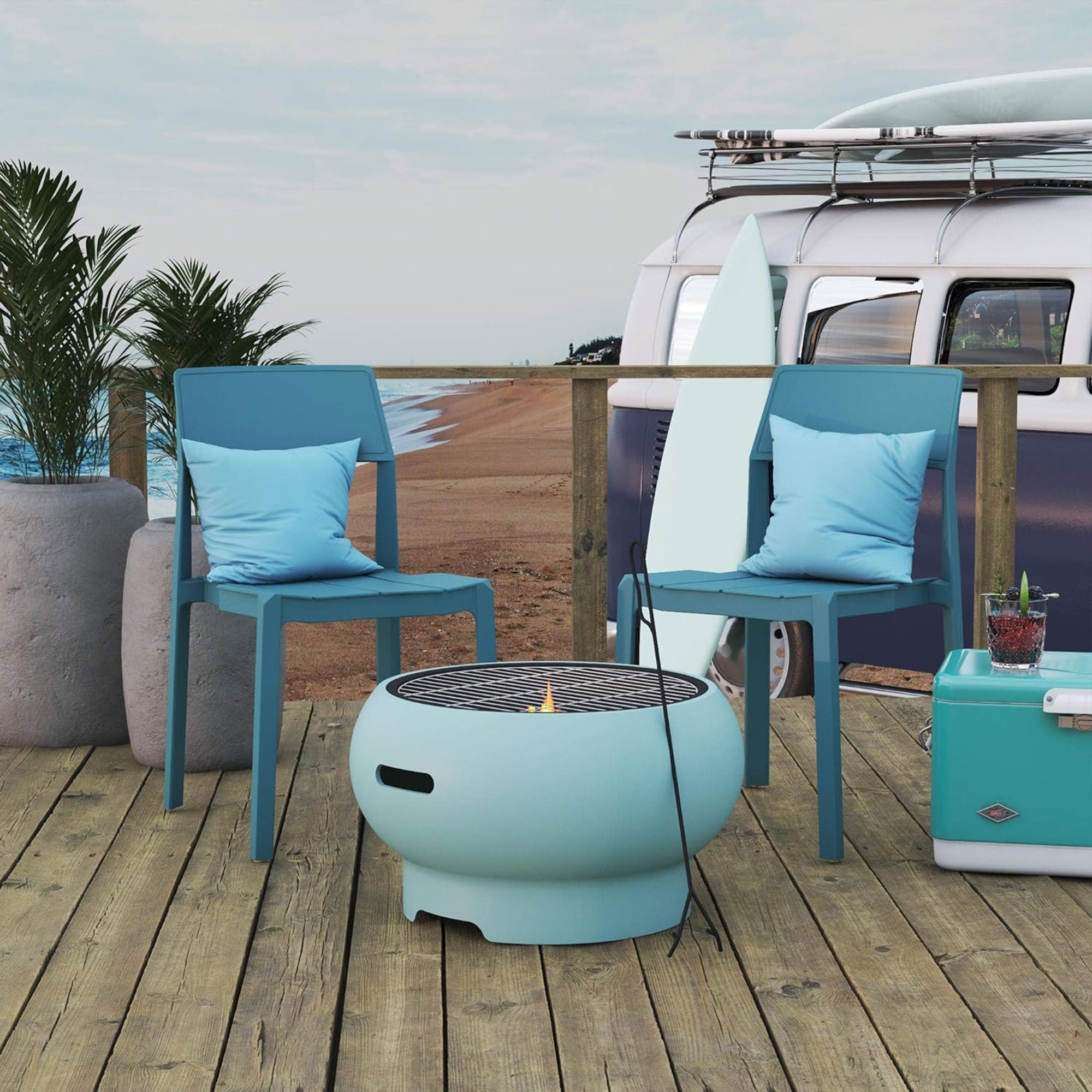 Novogratz 27" Wood Burning Fire Pit with Grilling Surface, Aqua Haze (Open Box) - VMInnovations