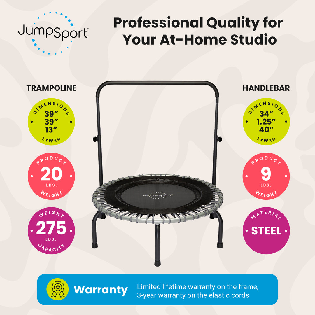 JumpSport 350 Series 39" Fitness Trampoline & Handle Bar Bundle, Adjustable Bungees, Stable No-Tip Arched Legs, & 60 Day Streaming Trial - VMInnovations
