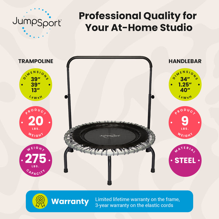 JumpSport 350 Series 39" Fitness Trampoline & Handle Bar Bundle, Adjustable Bungees, Stable No-Tip Arched Legs, & 60 Day Streaming Trial - VMInnovations