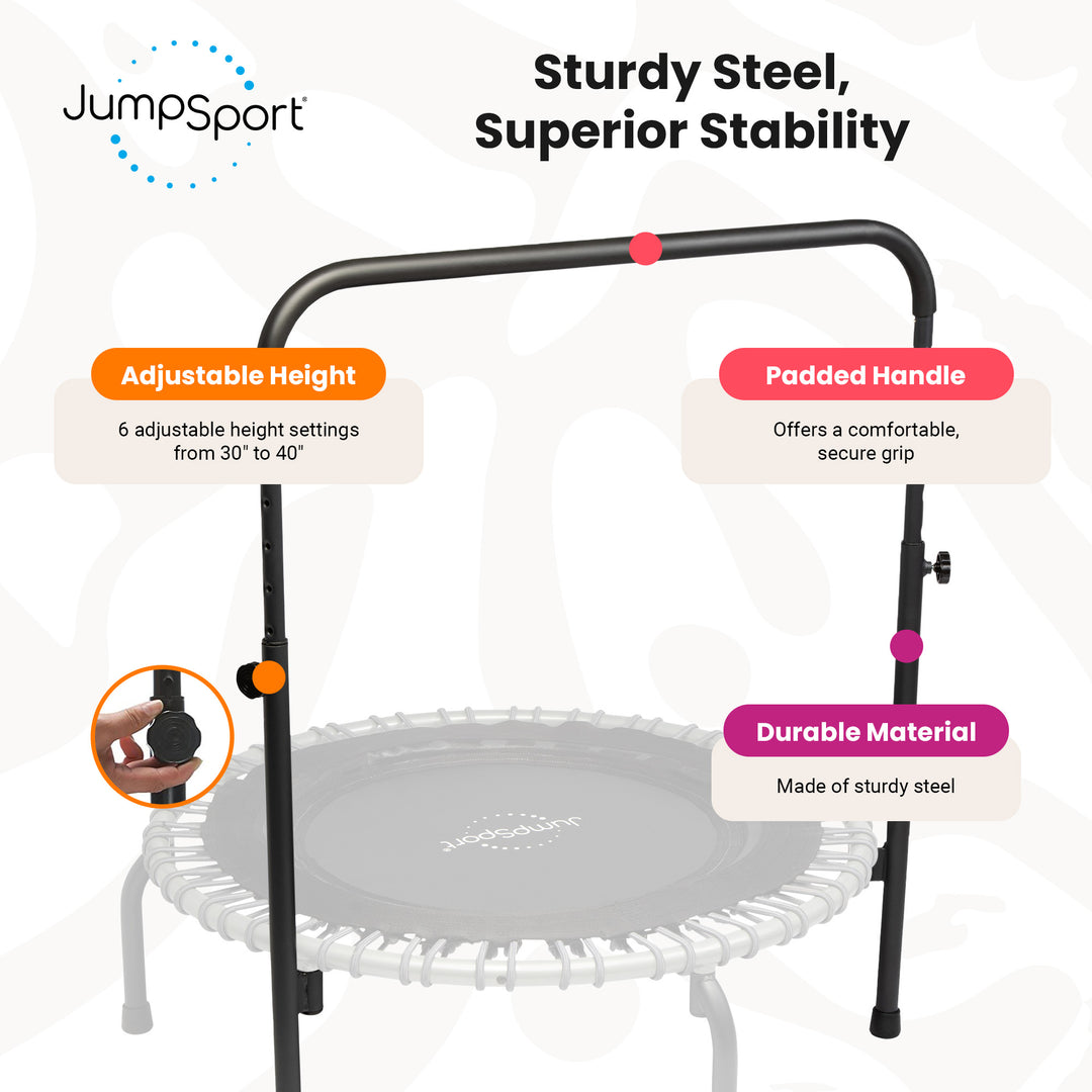 JumpSport 350 Series 39" Fitness Trampoline & Handle Bar Bundle, Adjustable Bungees, Stable No-Tip Arched Legs, & 60 Day Streaming Trial - VMInnovations