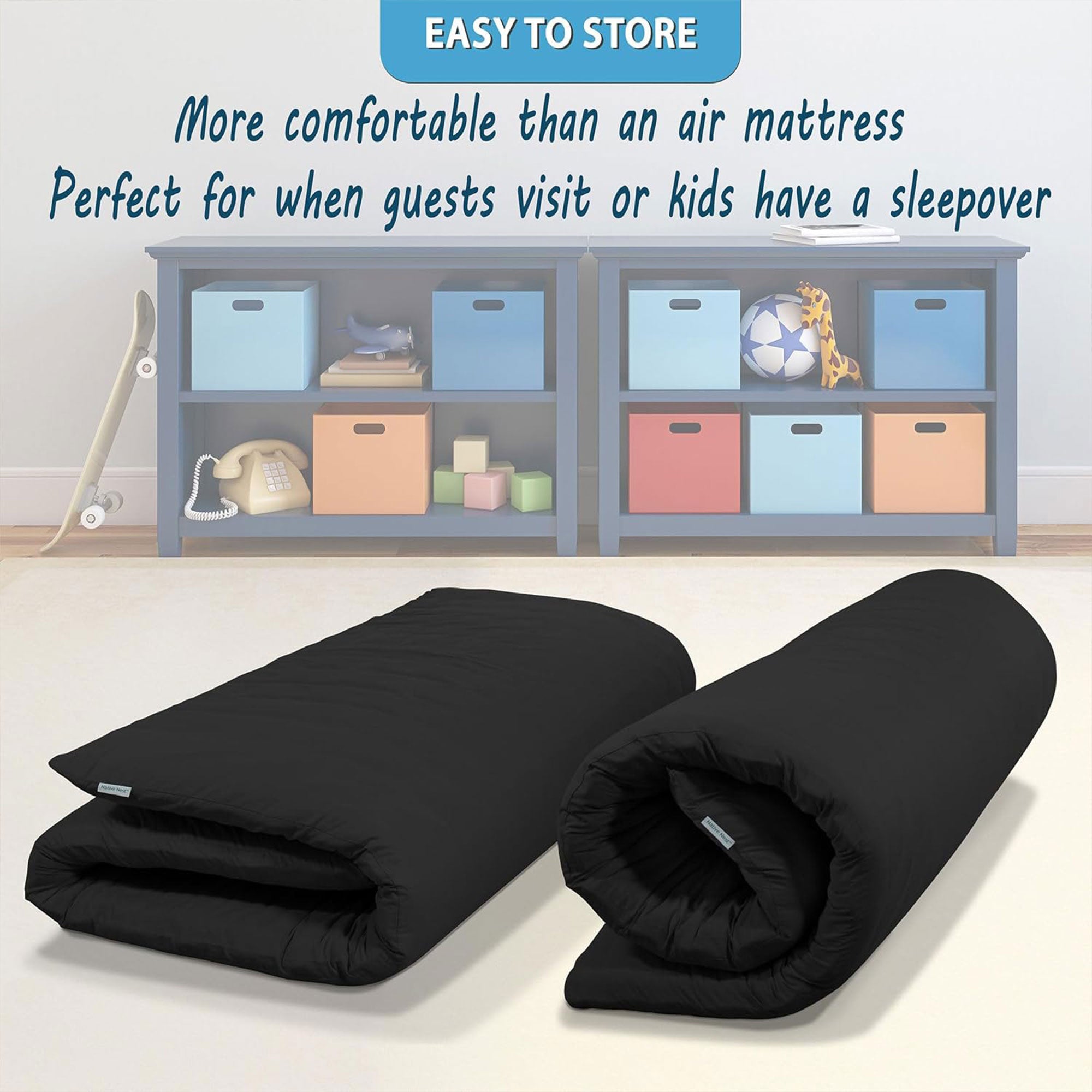 Native Nest Japanese Futon Floor Mattress, Foldable Shikibuton Bed, Full, Black - VMInnovations