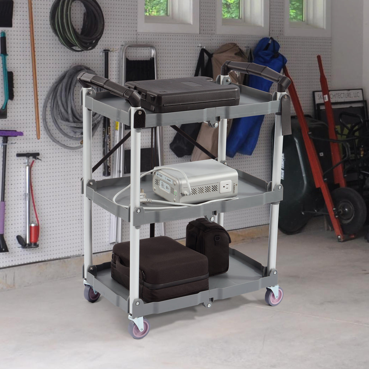 Elevon Service Cart Portable Utility 3 Tier Collapsible Shelving Unit, Gray