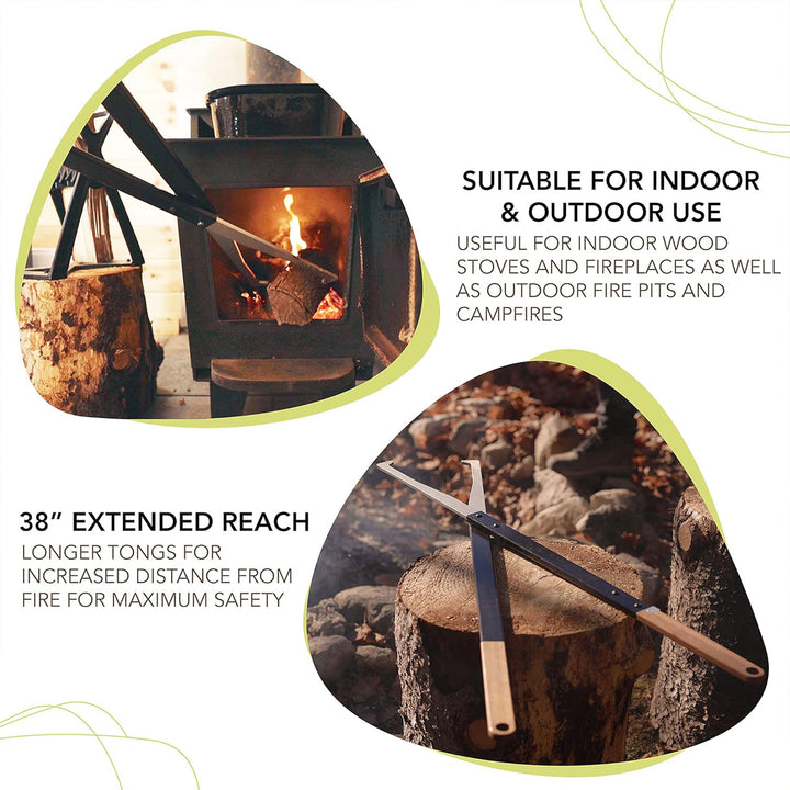 KABIN 38 Inch Fire Tongs Log Grabbers, Camping Fire Pit Fireplace Accessories - VMInnovations