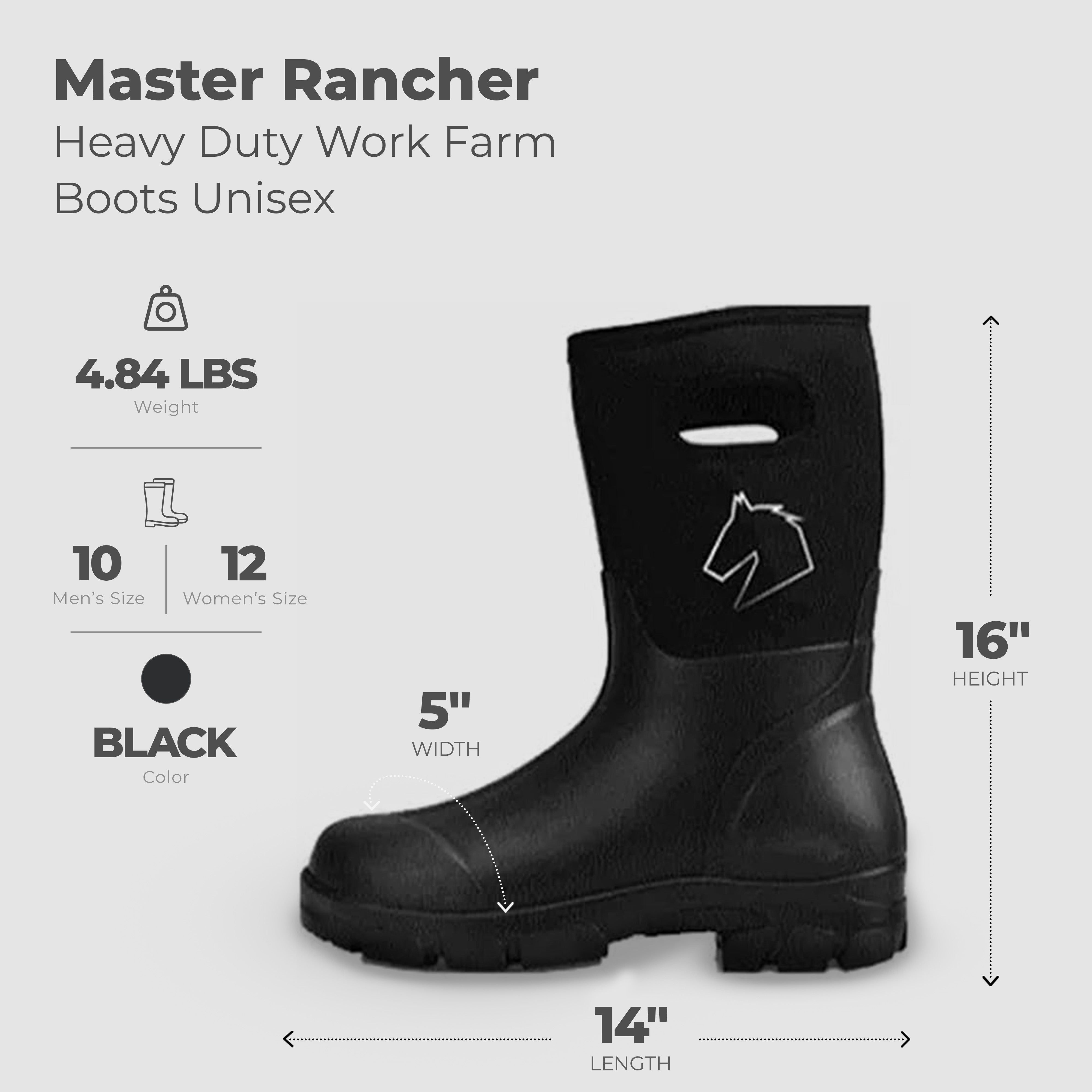 Master Rancher Heavy Duty Work Farm Boots Unisex Men's 10 Women's 12, Black - VMInnovations