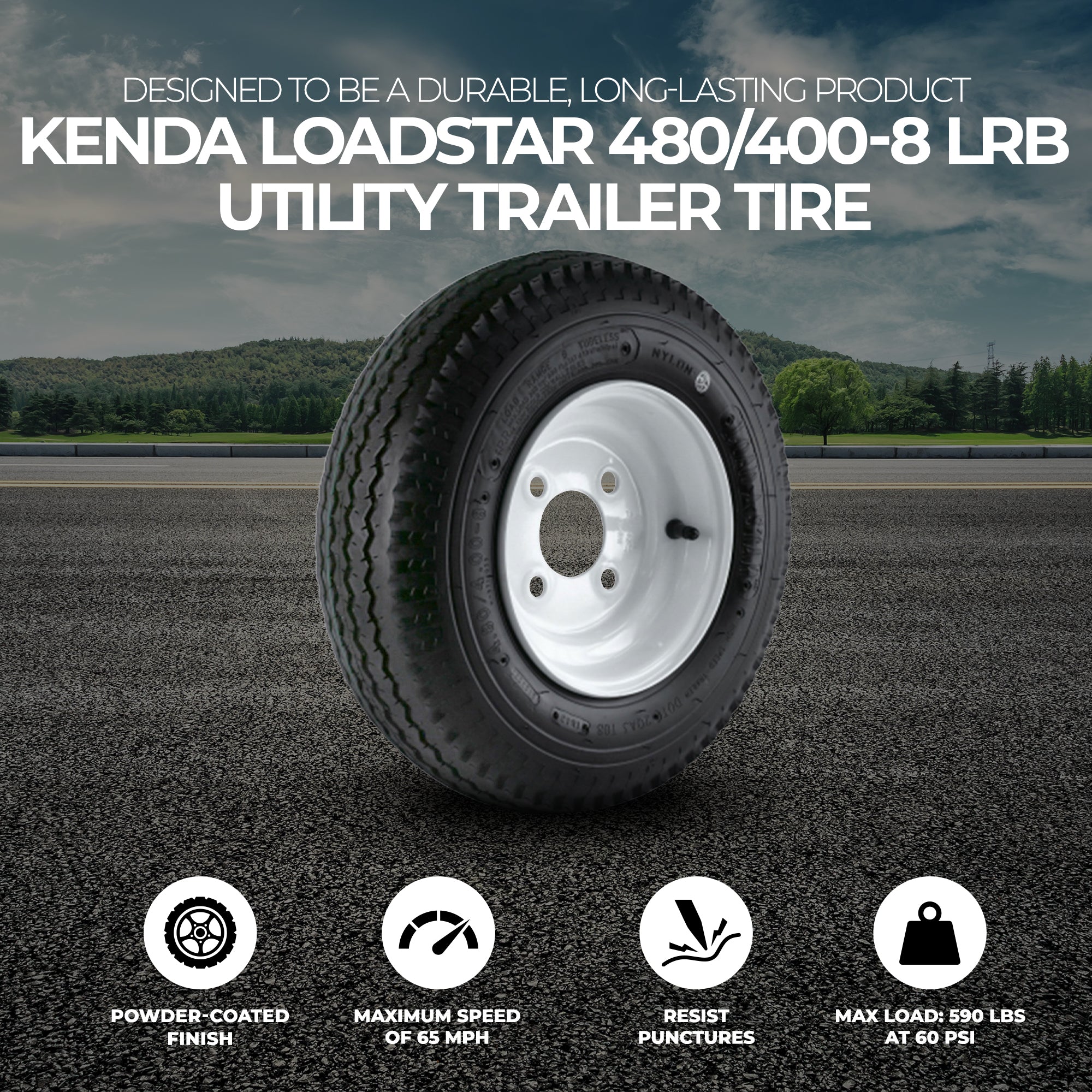 Kenda Loadstar 480/400-8 LRB Utility Trailer Tire and 4-Hole Custom Spoke Wheel - VMInnovations