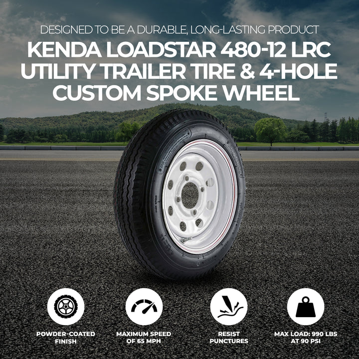 Kenda Loadstar 480-12 LRC Utility Trailer Tire and 4-Hole Custom Spoke Wheel - VMInnovations