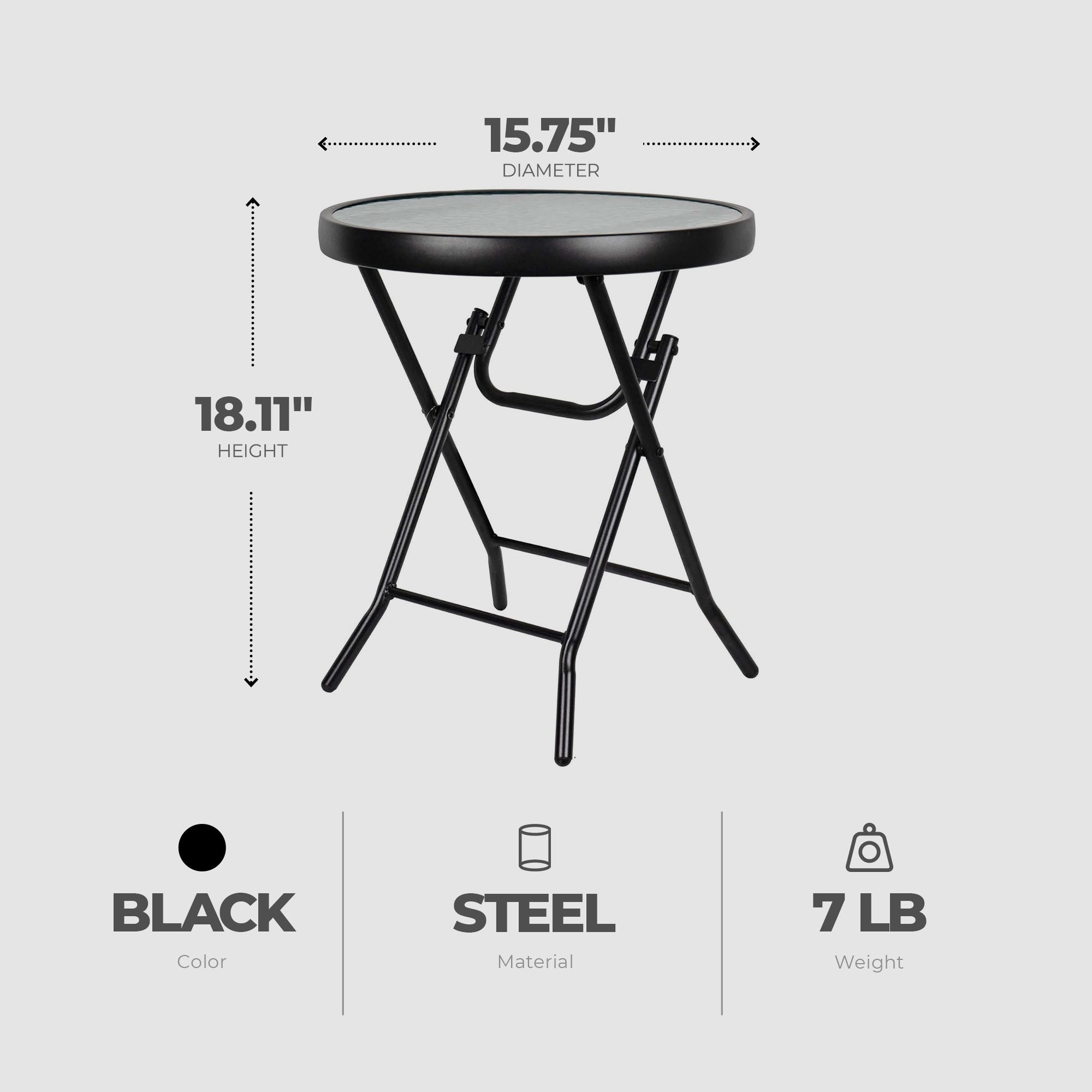 Four Seasons Courtyard Marbella 16 Inch Foldable Steel Round Side Table, Black - VMInnovations