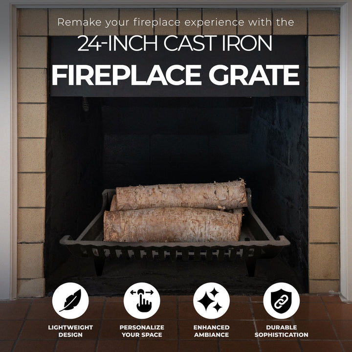 Panacea 24 Inch Cast Iron Fireplace Grate for Fireplace Log Carriers and Holders - VMInnovations