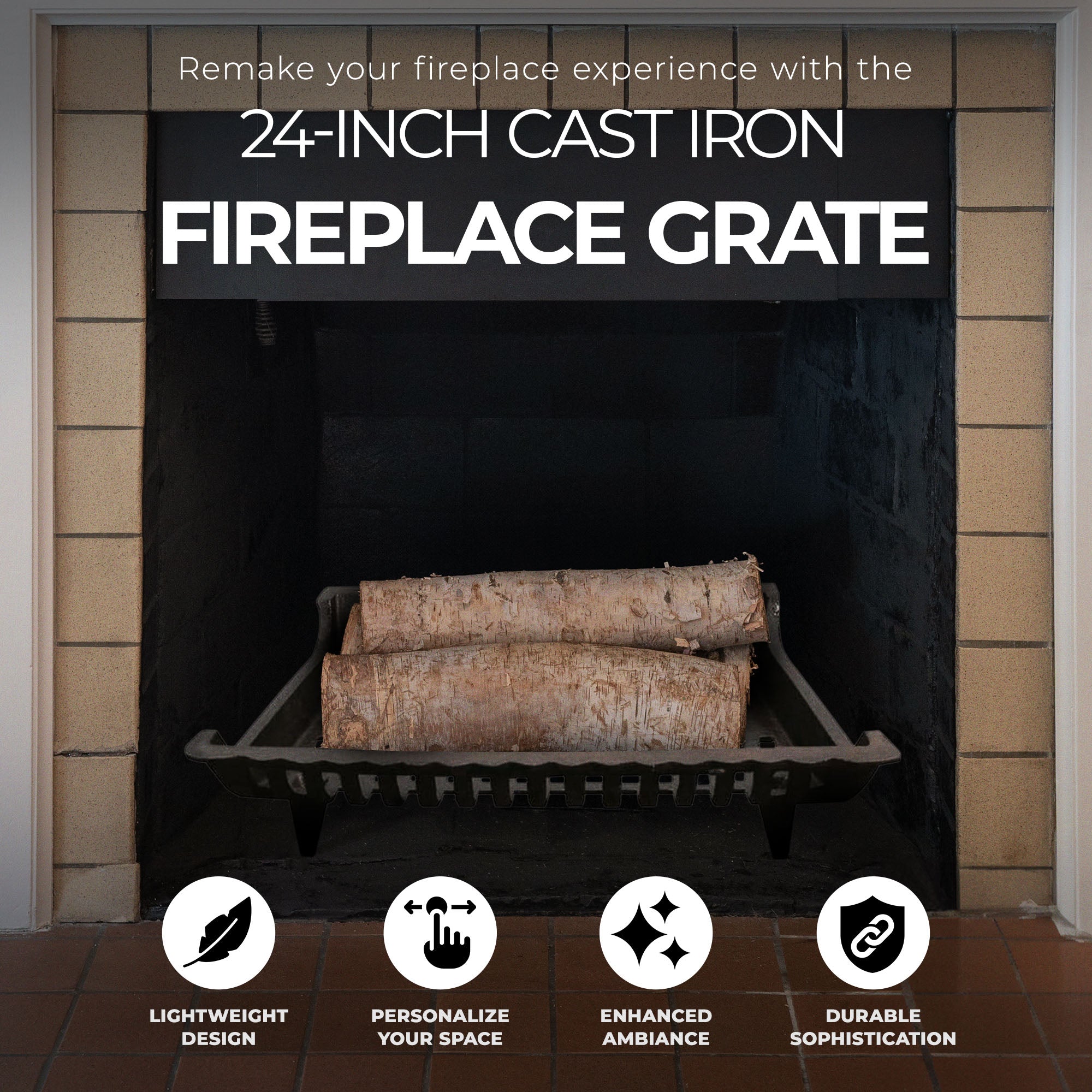 Panacea 24" Cast Iron Fireplace Grate for Fireplace Logs& Holders (Open Box) - VMInnovations