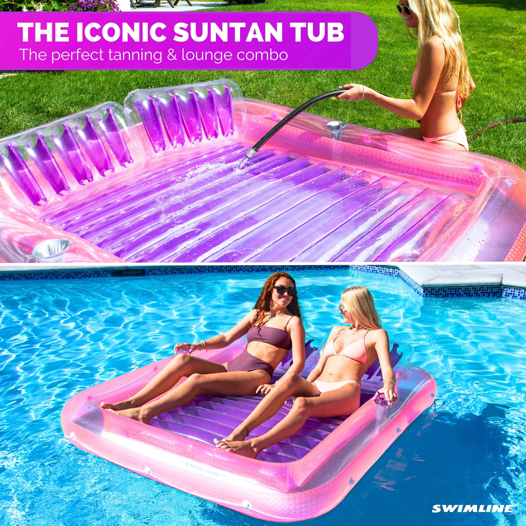 Swimline Original XL Suntan Tub Outdoor Water Lounge Float, Pink/Purple (2 Pack) - VMInnovations