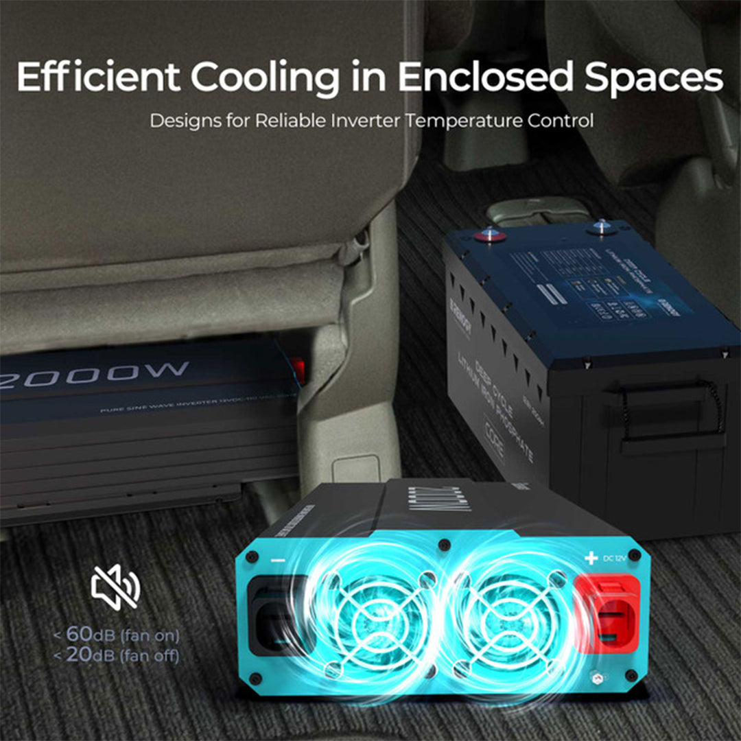 Renogy 2000W 12V Pure Sine Wave Battery Inverter with Cables and Remote, Black - VMInnovations