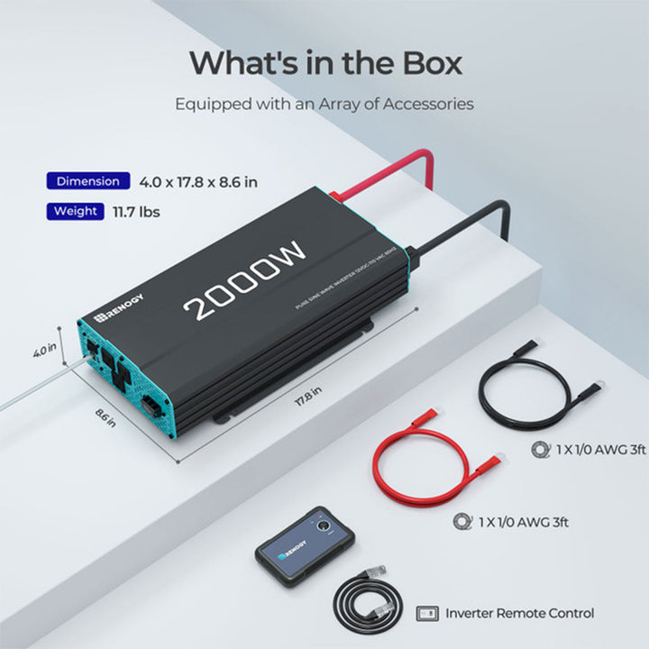 Renogy 2000W 12V Pure Sine Wave Battery Inverter with Cables and Remote, Black - VMInnovations