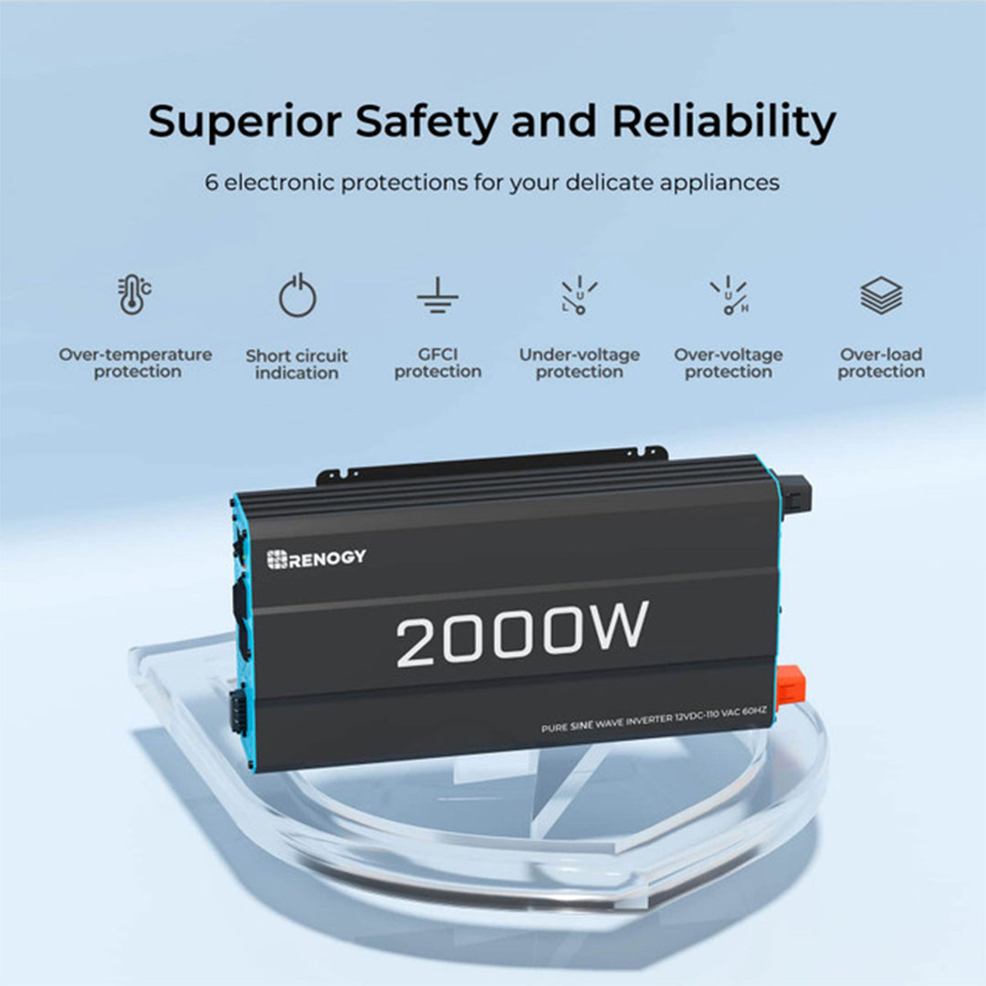 Renogy 2000W 12V Pure Sine Wave Battery Inverter with Cables and Remote, Black - VMInnovations