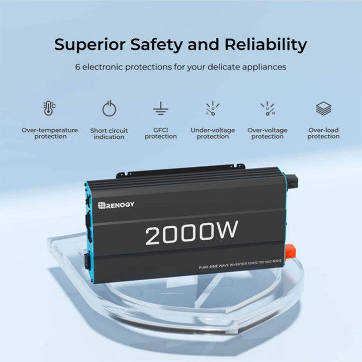Renogy 2000W 12V Pure Sine Wave Battery Inverter with Cables and Remote, Black - VMInnovations
