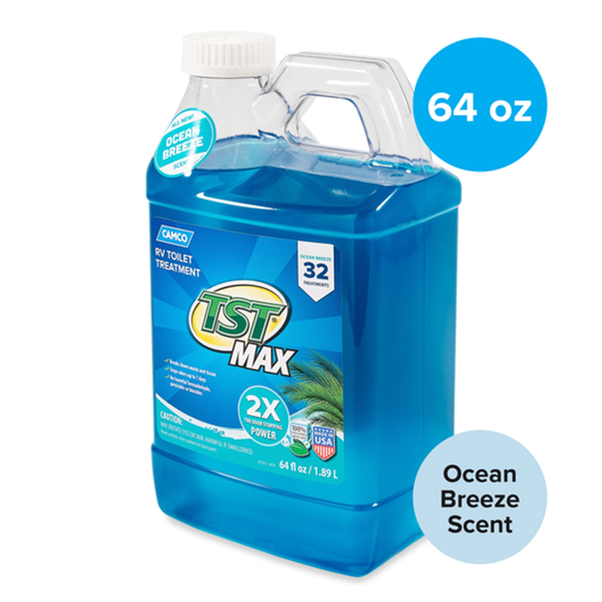 Camco TST MAX Ocean Scent 64 Oz RV Toilet Treatment to Eliminate Odors, Blue
