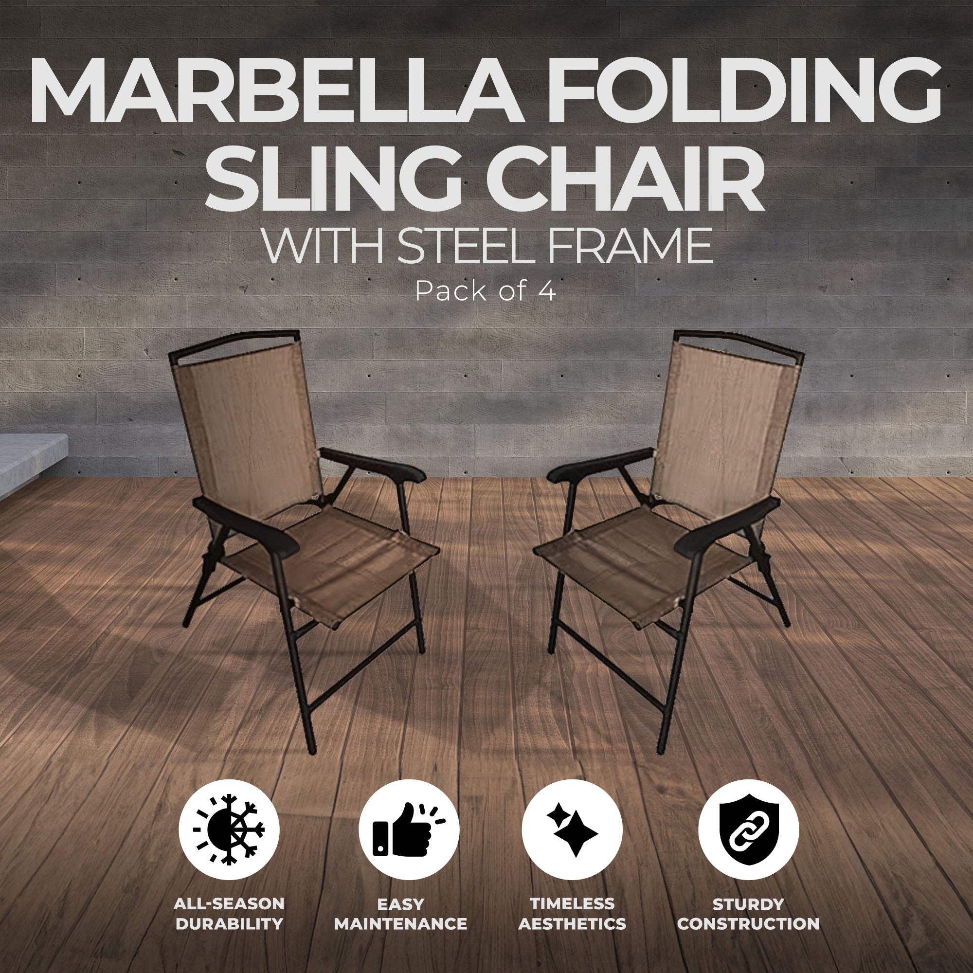 Four Seasons Courtyard Marbella Folding Outdoor Sling Arm Chairs, 4 Pack, Tan - VMInnovations