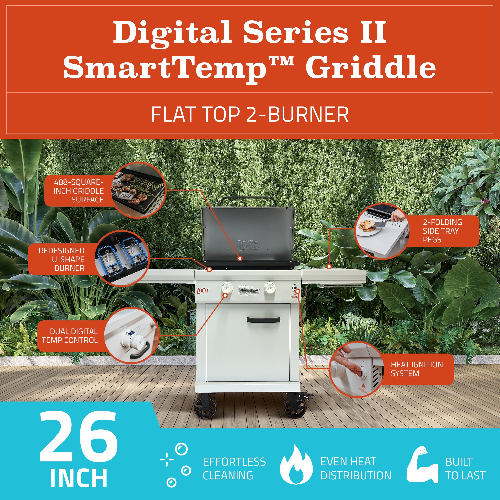 Loco Cookers 26" 2-Burner Digital Gas Grill and 5 Piece Griddle Accessory Kit - VMInnovations