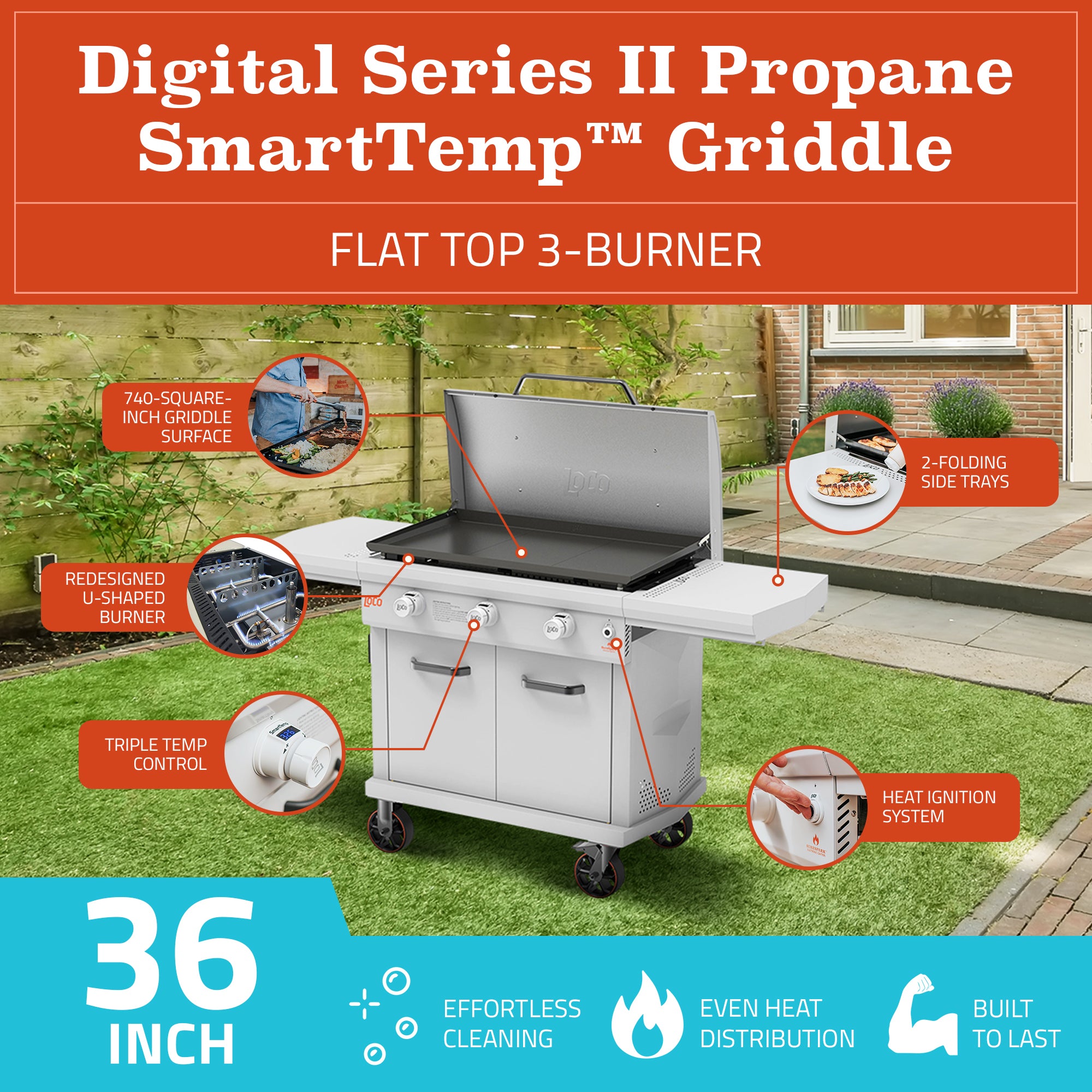 Loco Cookers 36" 3-Burner Digital Gas Grill and 5 Piece Griddle Accessory Kit