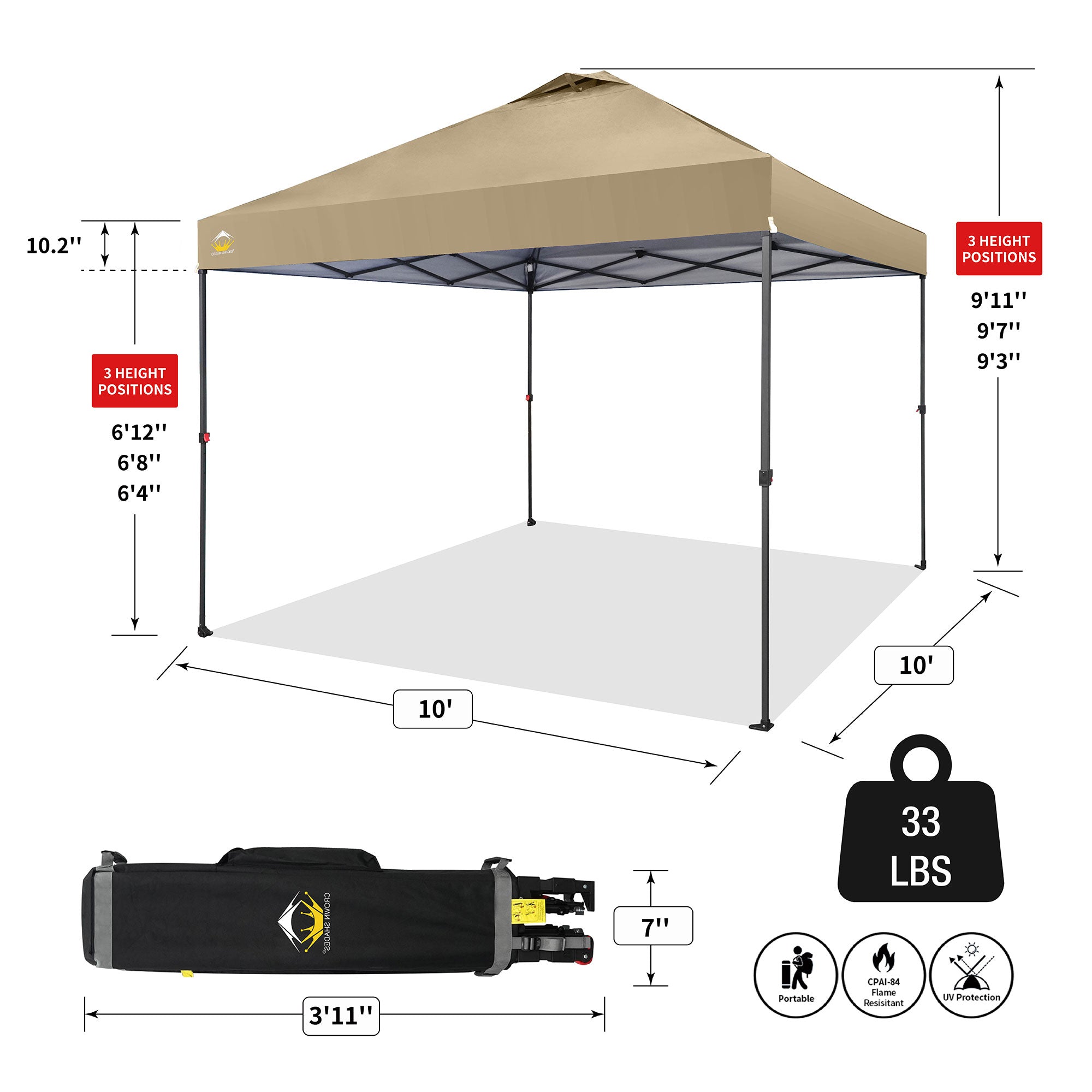 Crown Shades 10 x 10 Foot Instant Canopy Tent, Portable Outdoor Shelter, Khaki