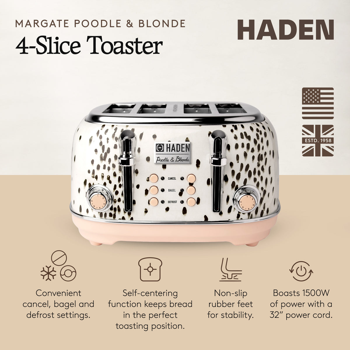 Haden Margate Poodle & Blonde Stainless Steel 4 Slice Toaster w/Wide Slots(Used)