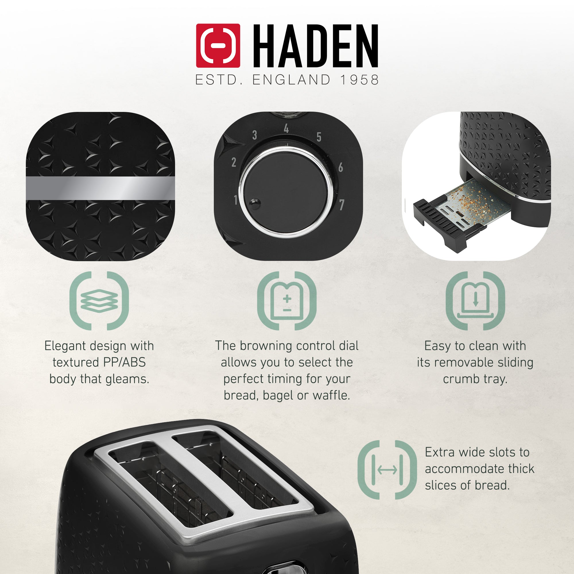 Haden Starbeck 2 Slice Wide Slot Stainless Steel Toaster, Black & Chrome - VMInnovations