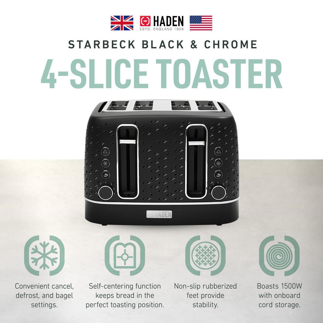 Haden 4 Slice Wide Slot Stainless Steel Toaster, Black & Chrome (Open Box) - VMInnovations