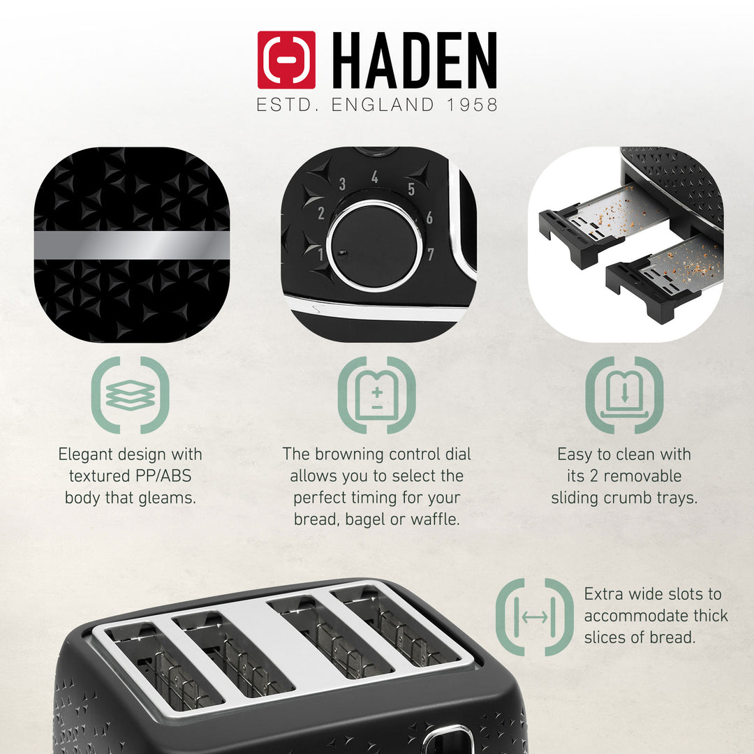 Haden 4 Slice Wide Slot Stainless Steel Toaster, Black & Chrome (Open Box) - VMInnovations