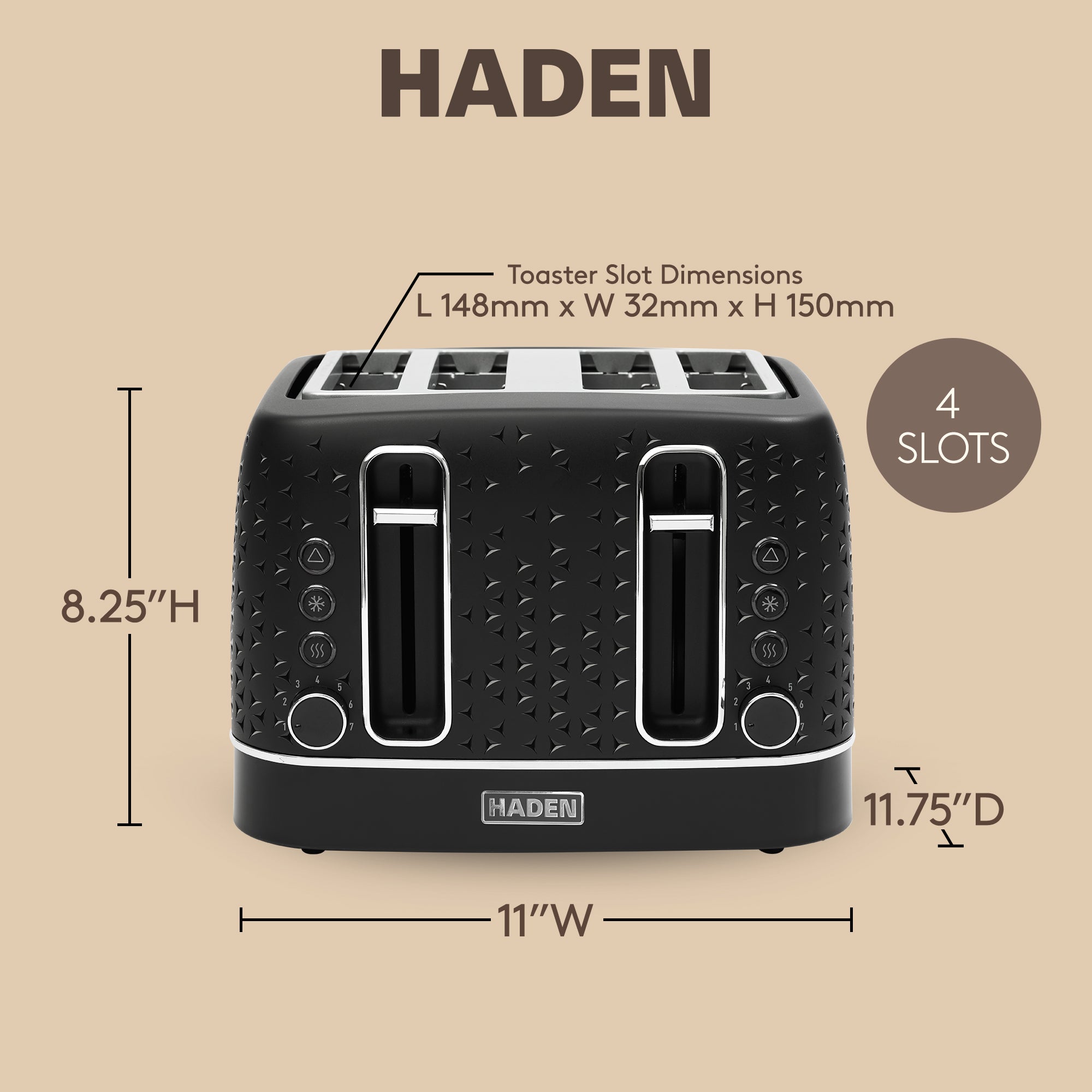 Haden Starbeck 4 Slice Wide Slot Stainless Steel Toaster, Black & Chrome