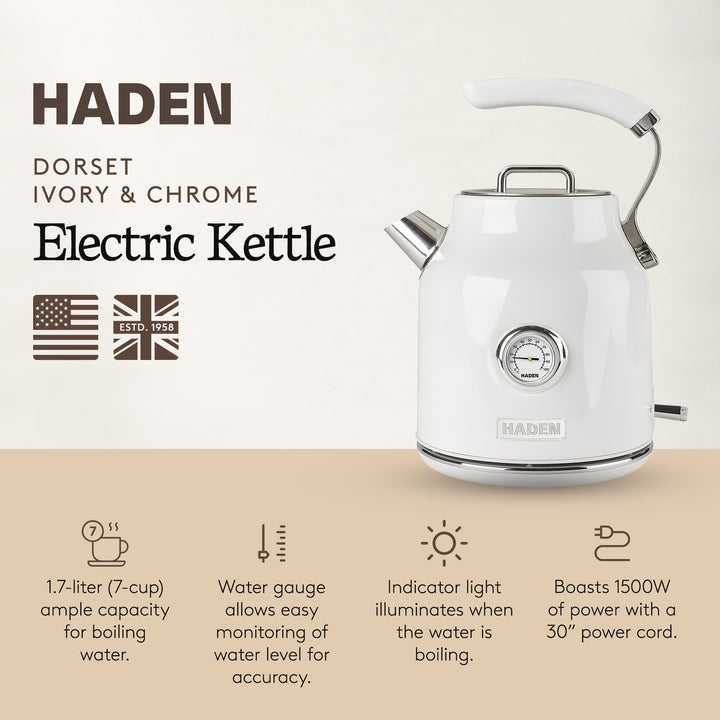 Haden Dorset 1.7 Liter Electric Water Kettle w/ 360-Degree Base, Ivory & Chrome