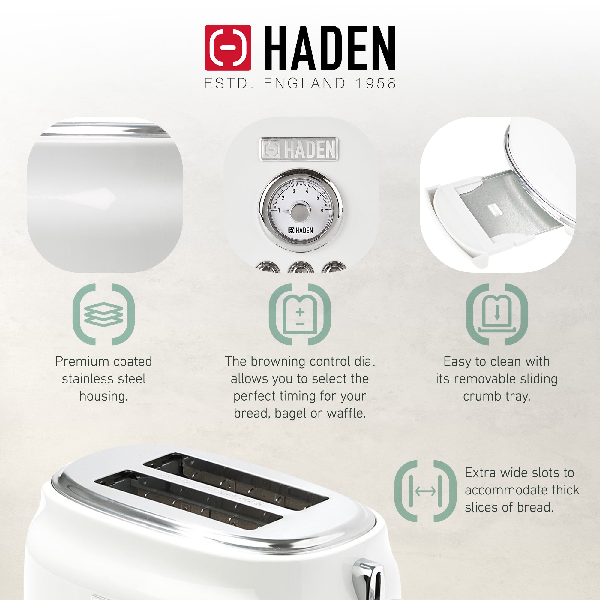 Haden Dorset 2 Slice Extra Wide Slot Stainless Steel Toaster w/Tray, Ivory(Used) - VMInnovations