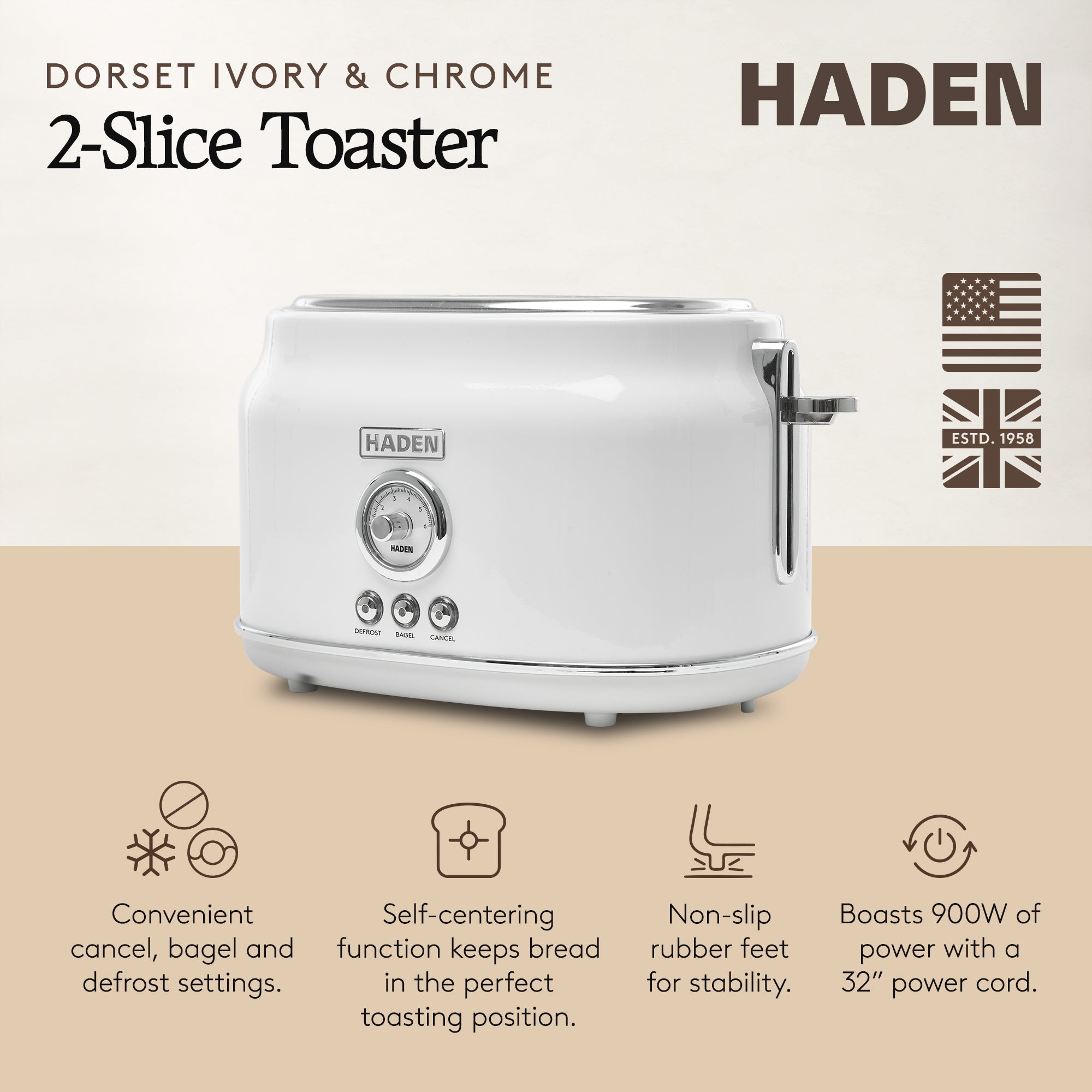 Haden Dorset 2 Slice Extra Wide Slot Stainless Steel Toaster with Tray, Ivory - VMInnovations