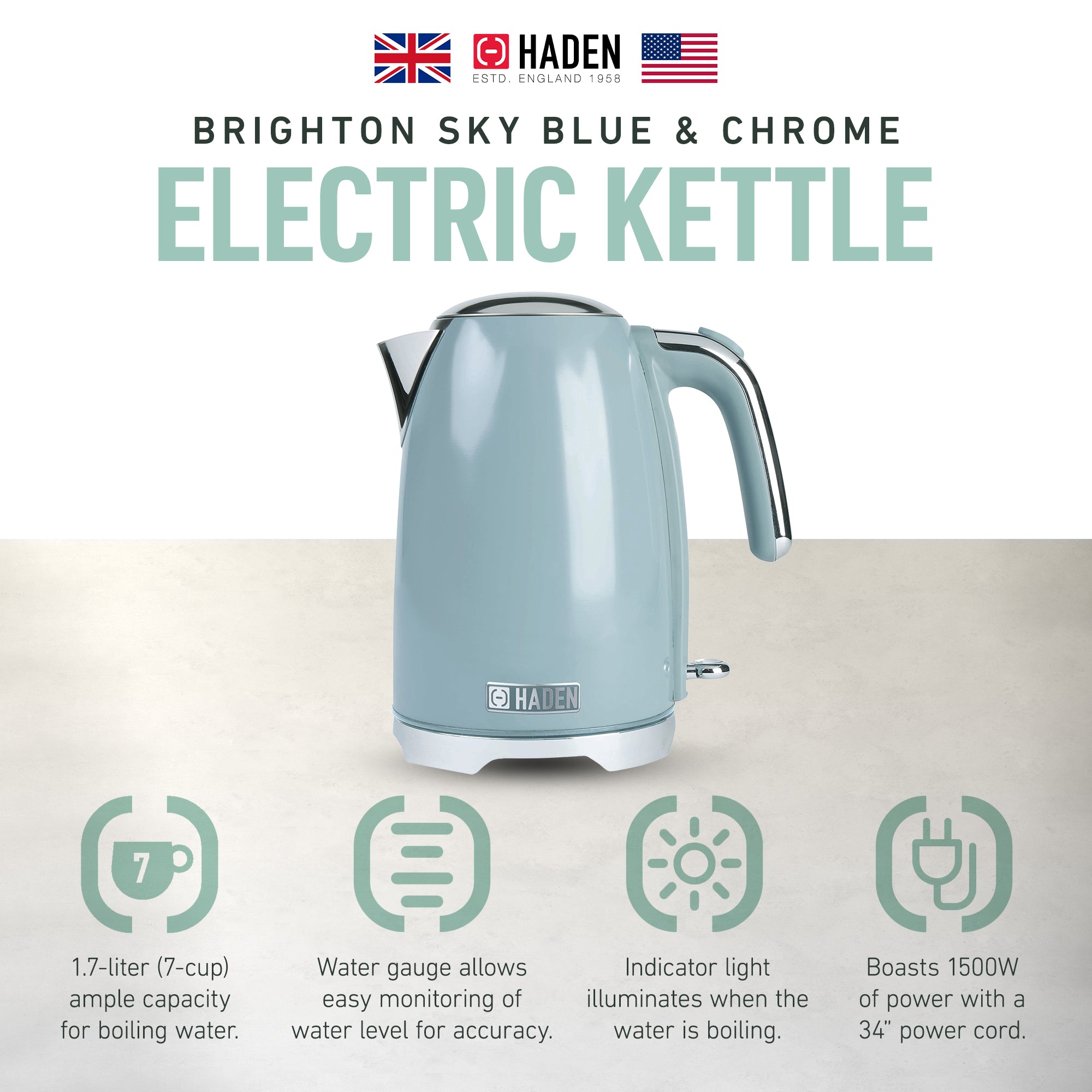 Haden Electric Kettle, Cordless 1.7L Hot Water Retro Boiler, Sky Blue (Open Box) - VMInnovations