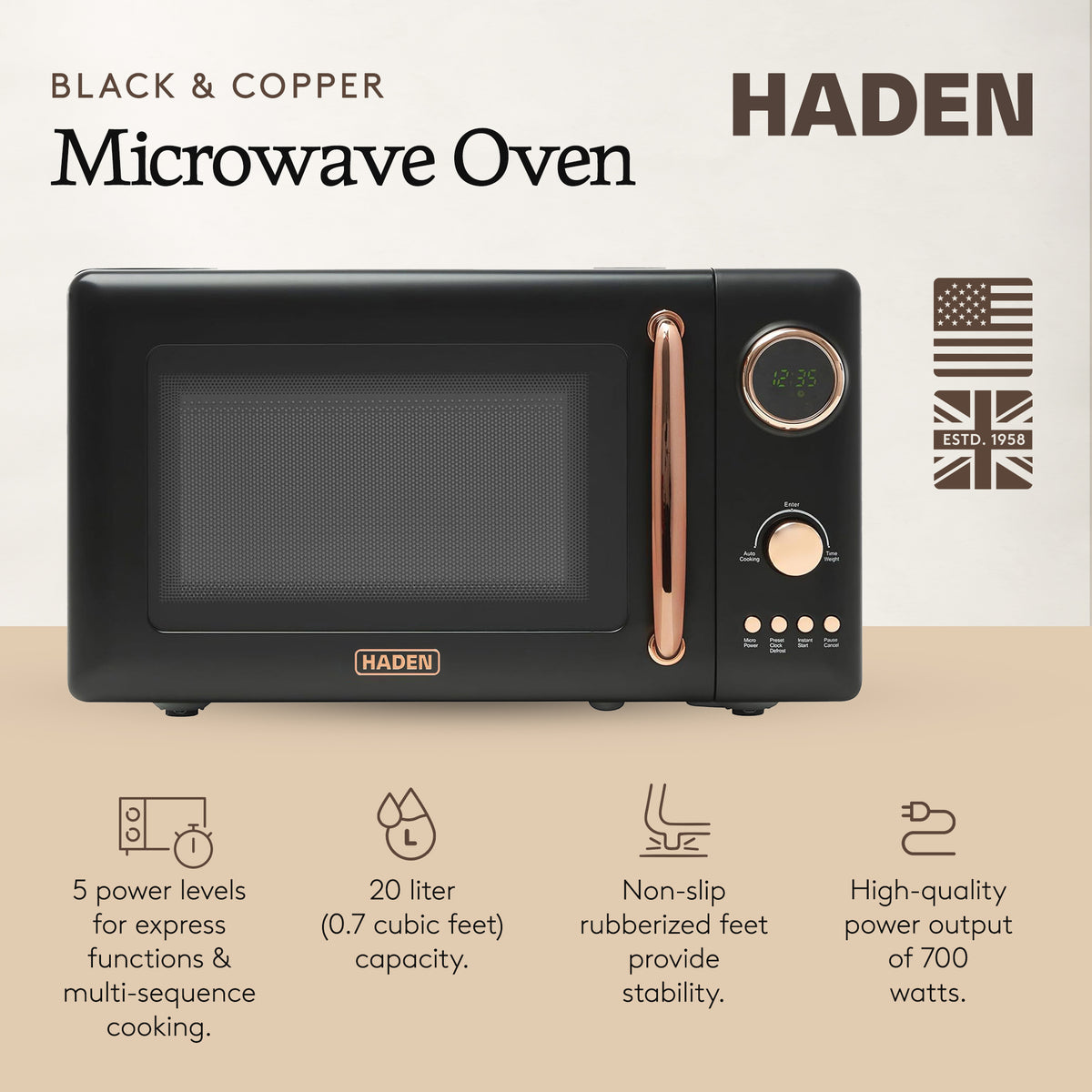Haden 700 Watt .7 Cubic Foot Microwave w/Digital Controls,Black/Copper(Open Box) - VMInnovations