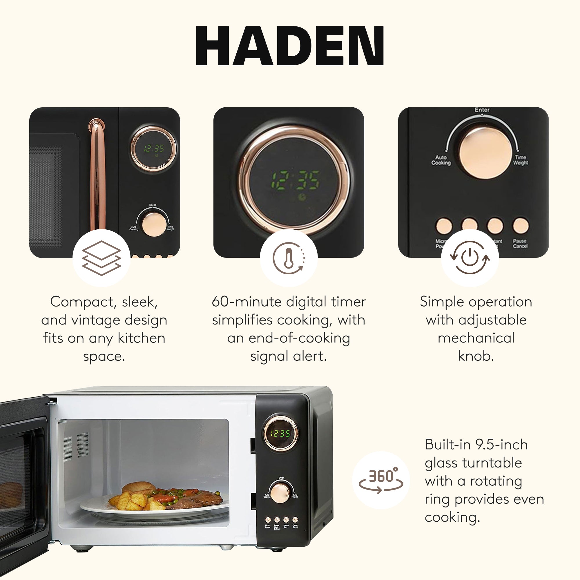 Haden 700 Watt 0.7 Cubic Foot Microwave Oven with Digital Controls, Black/Copper - VMInnovations