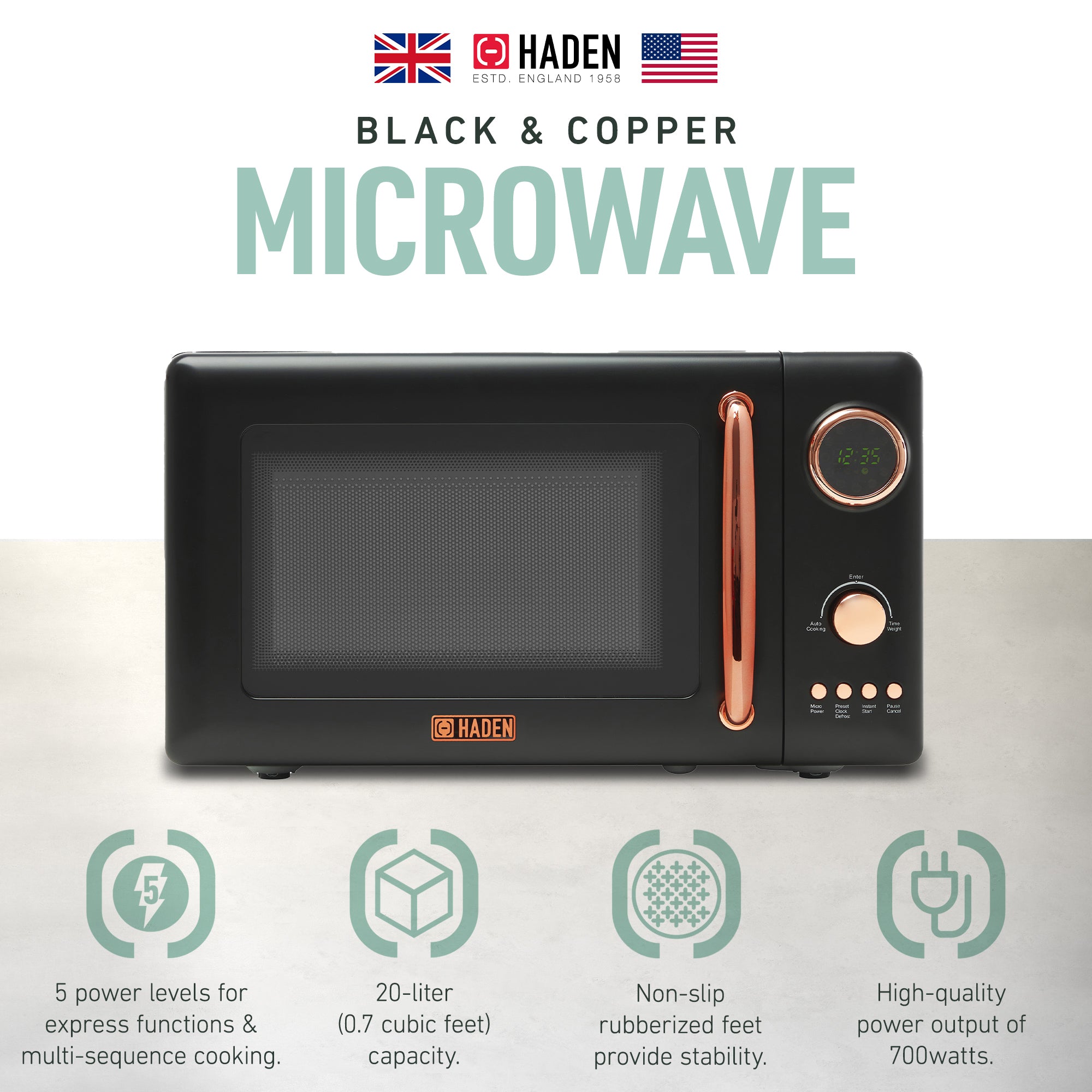 Haden 700 Watt .7 Cubic Foot Microwave w/Digital Controls,Black/Copper(Open Box) - VMInnovations