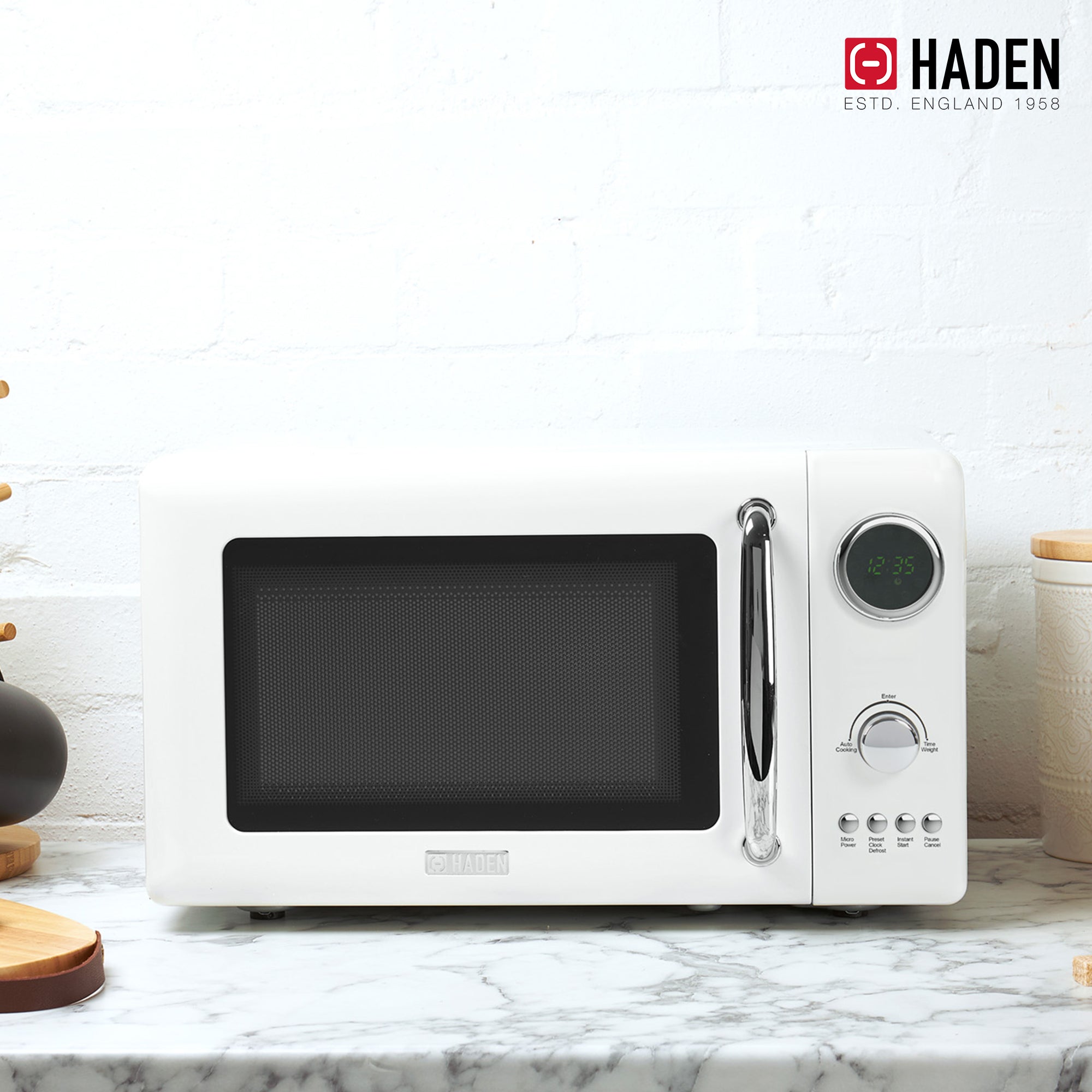 Haden 700 Watt 0.7 Cubic Ft Microwave w/Digital Controls, Ivory/Chrome(Open Box) - VMInnovations