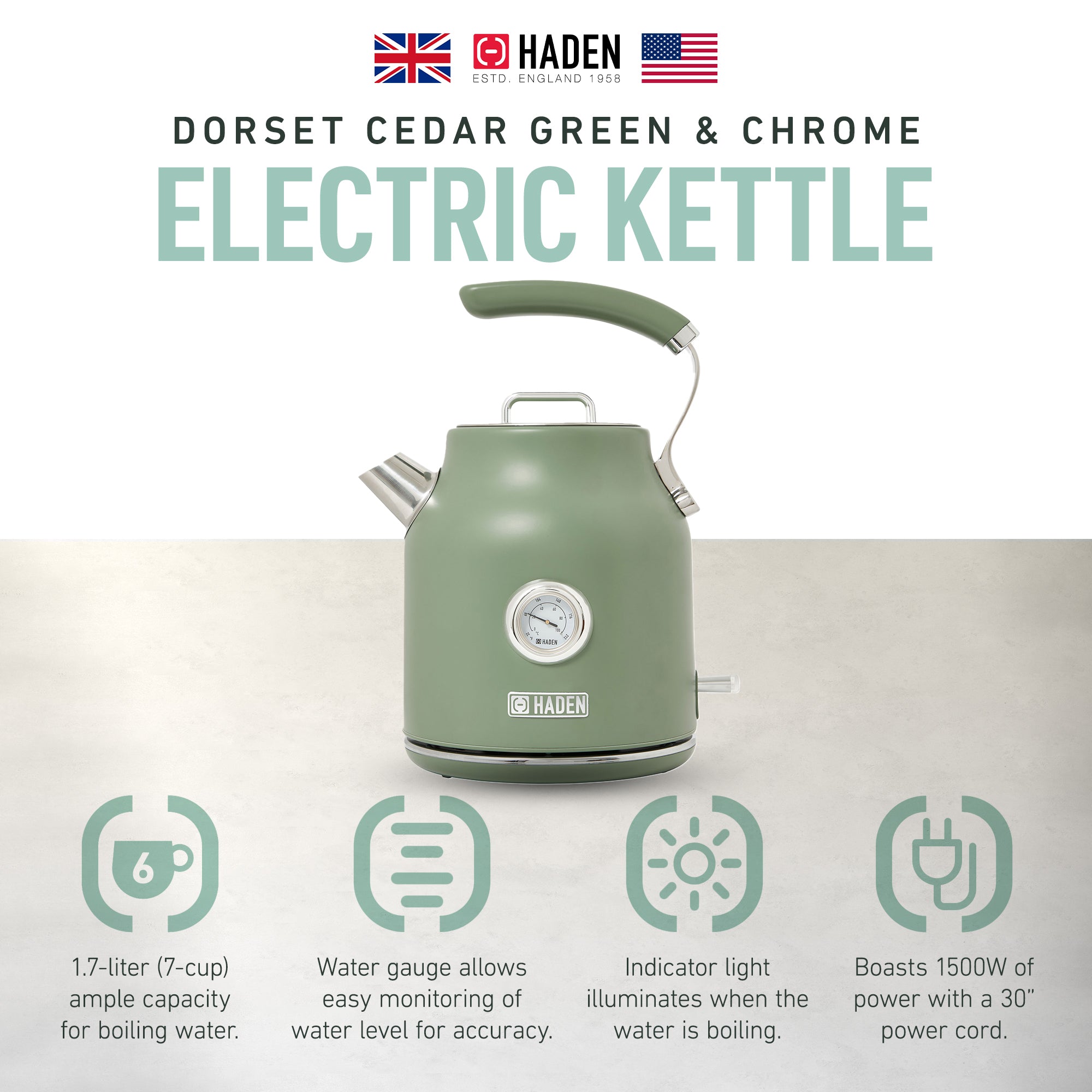 Haden Dorset 1.7 Liter Electric Water Kettle w/360-Degree Base,Cedar Green(Used) - VMInnovations