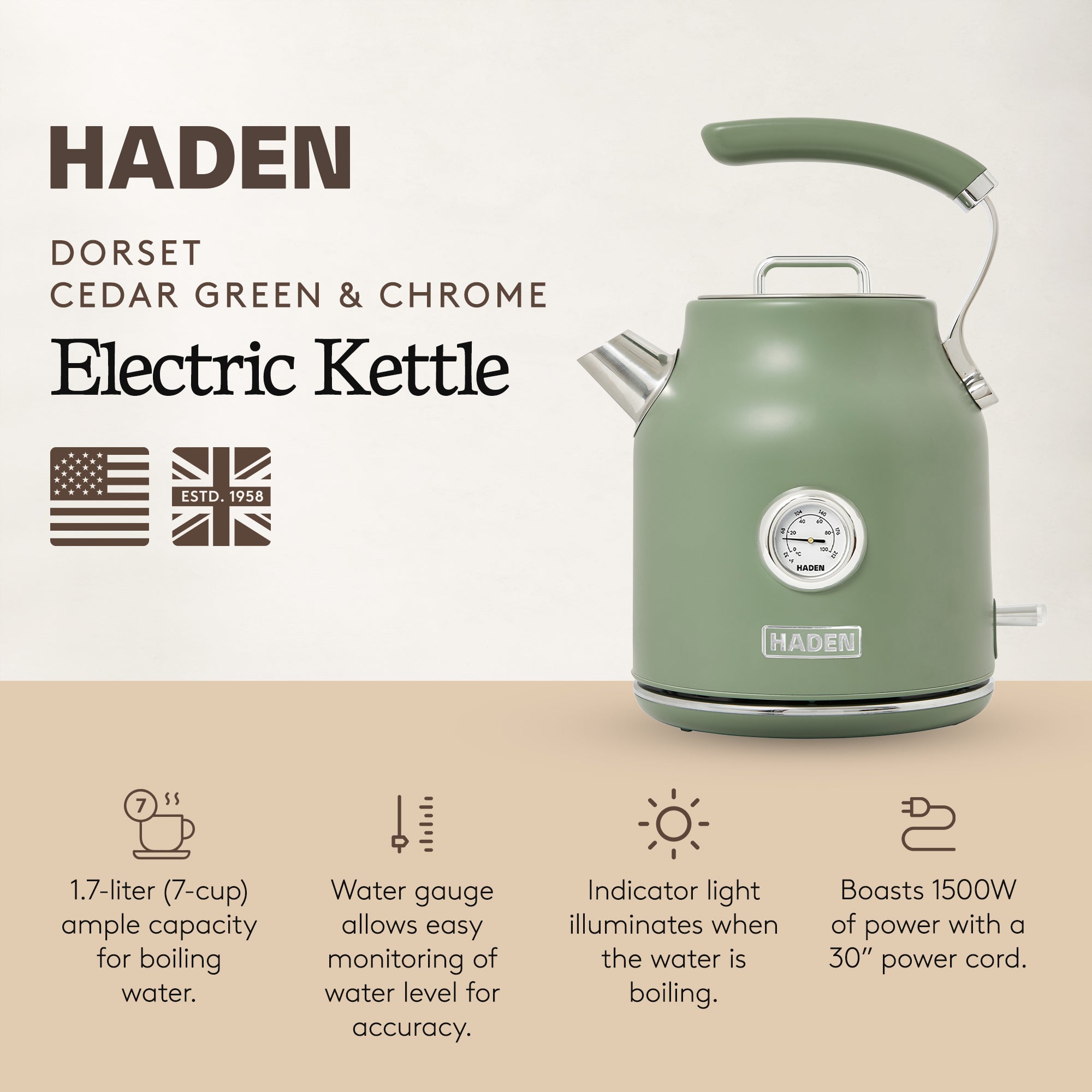Haden Dorset 1.7 Liter Electric Water Kettle with 360-Degree Base, Cedar Green - VMInnovations