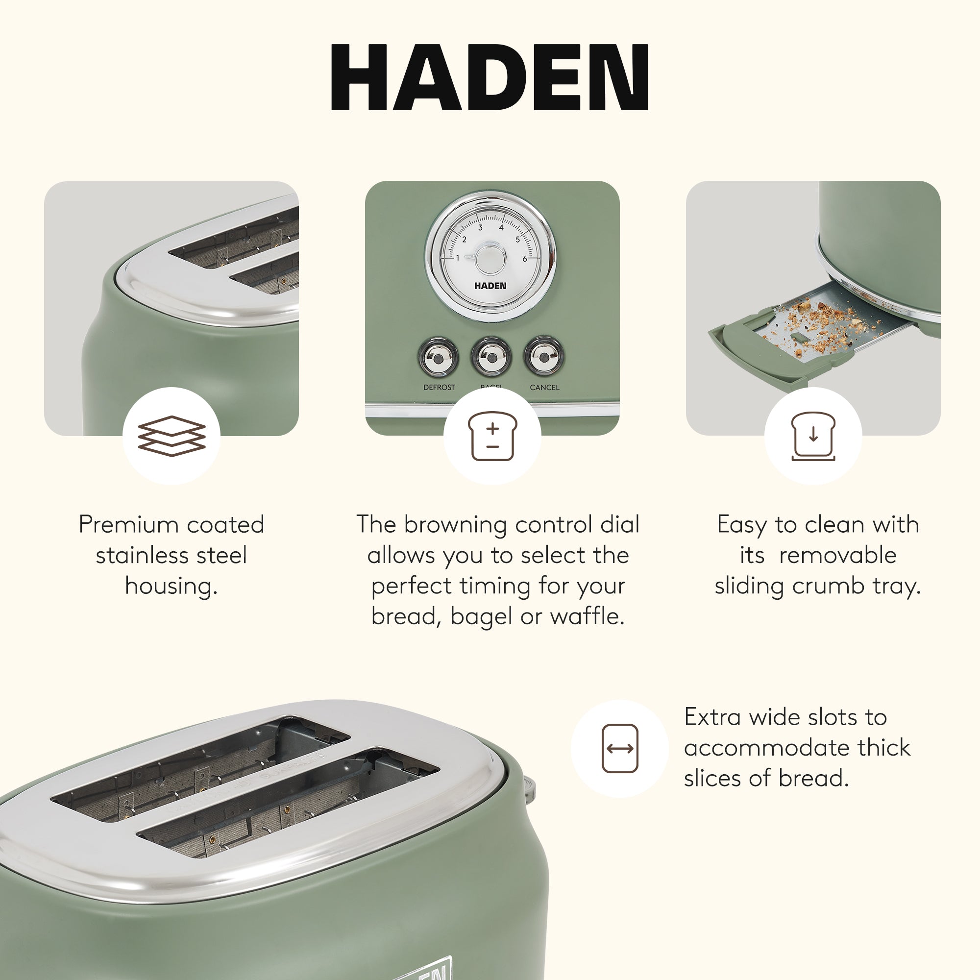 Haden Dorset 2 Slice Wide Slot Stainless Steel Toaster, Cedar Green & Chrome - VMInnovations