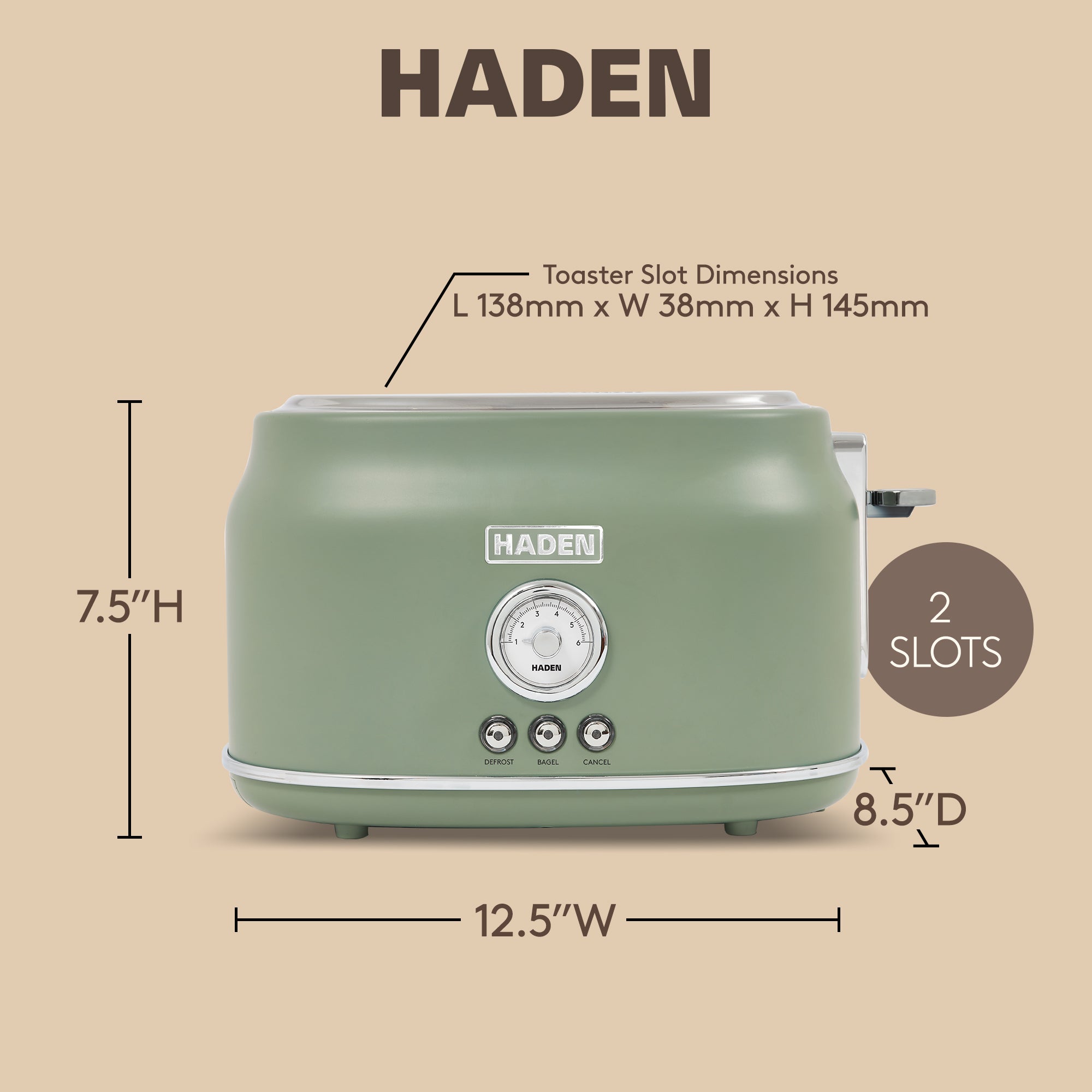 Haden Dorset 2 Slice Wide Slot Stainless Steel Toaster, Cedar Green & Chrome - VMInnovations