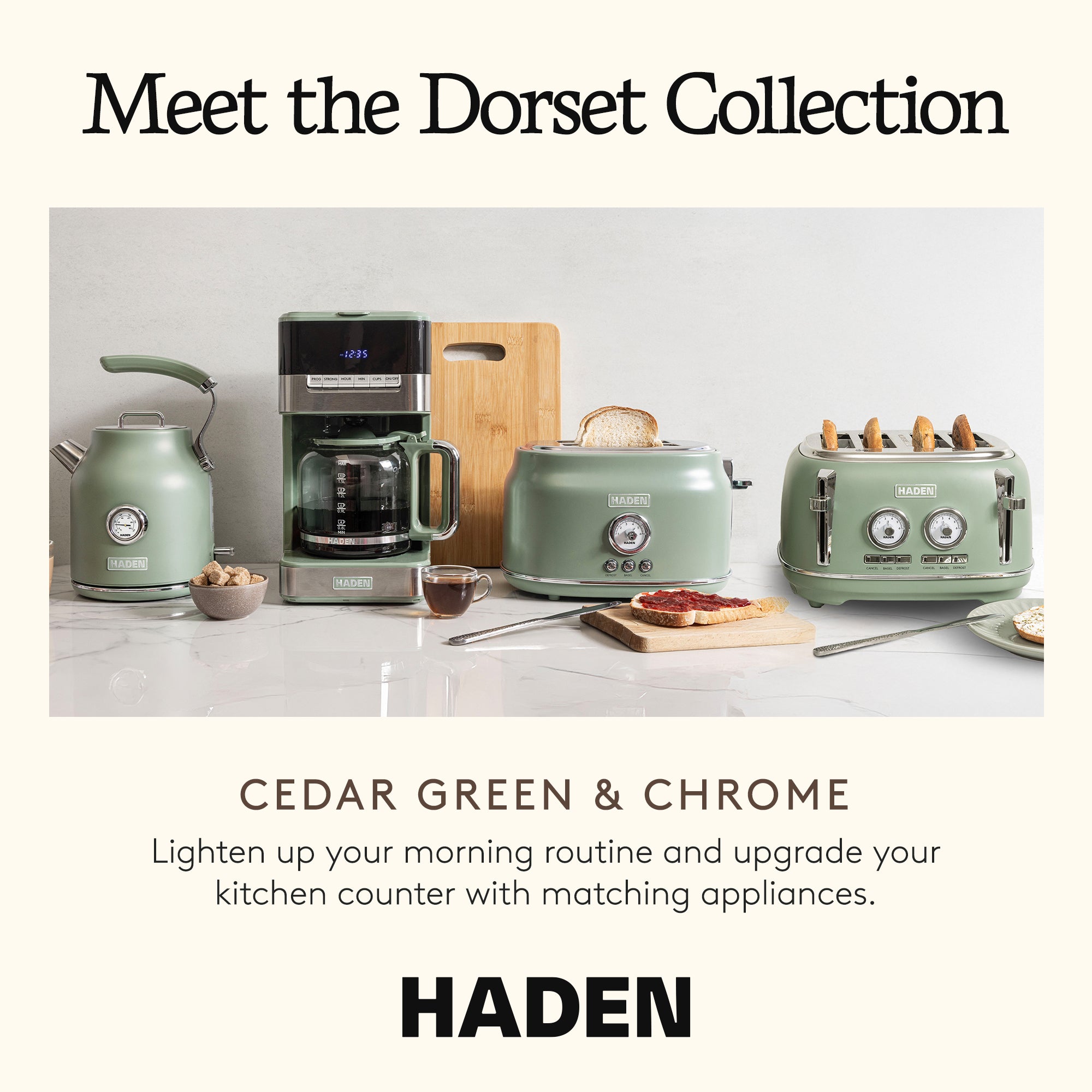 Haden Dorset 2 Slice Wide Slot Stainless Steel Toaster, Cedar Green & Chrome - VMInnovations
