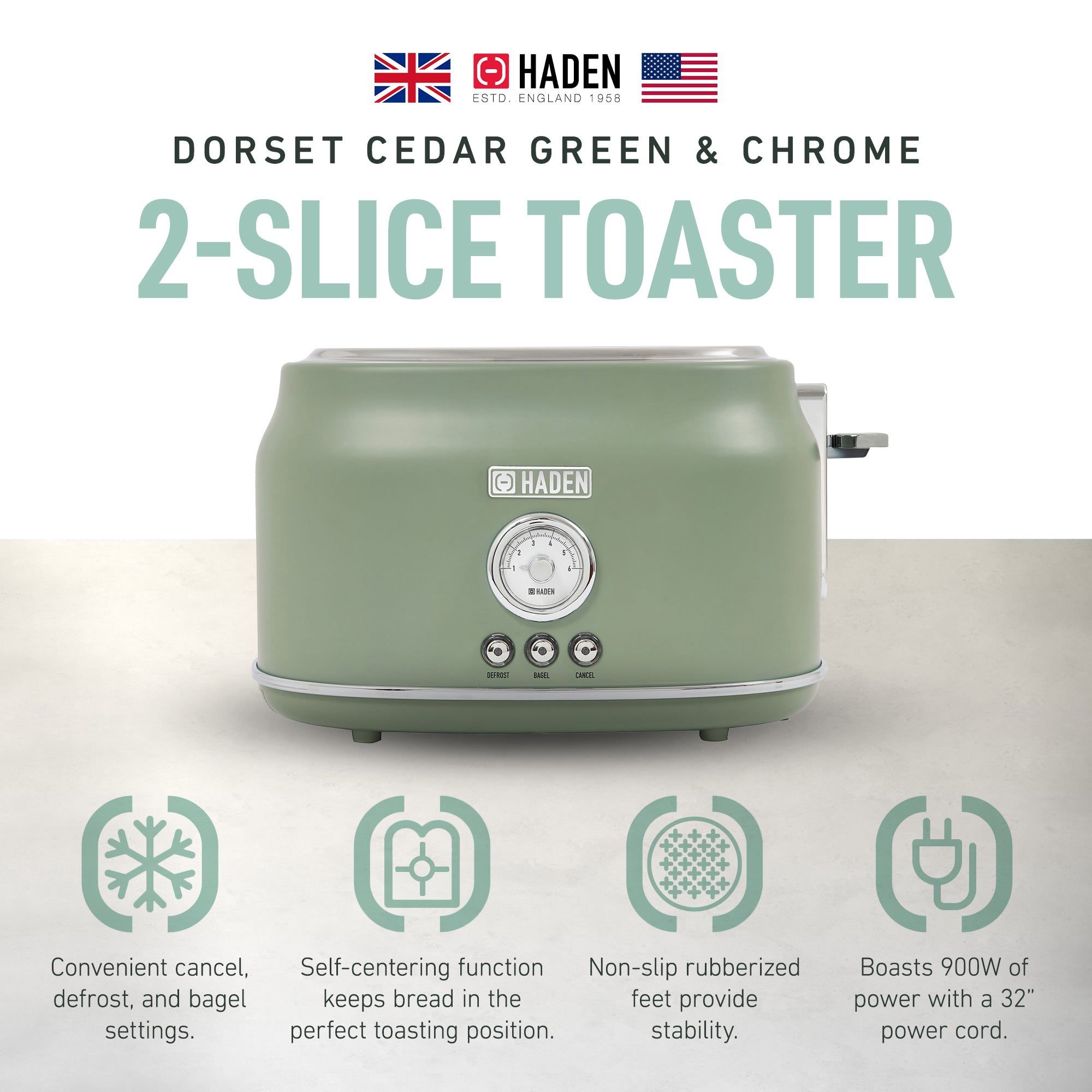 Haden 2 Slice Wide Slot Stainless Steel Toaster, Cedar Green & Chrome (Used)