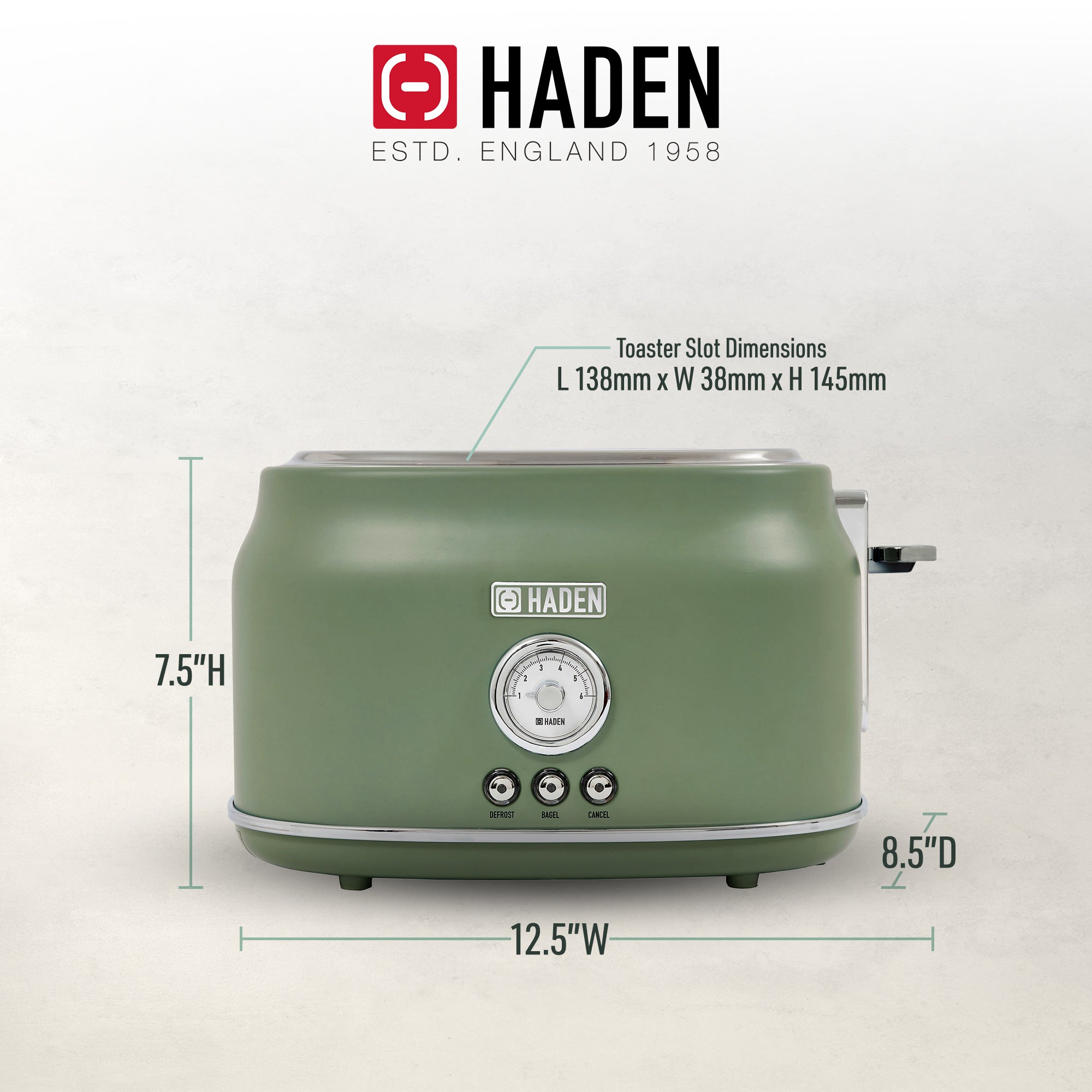 Haden 2 Slice Wide Slot Stainless Steel Toaster, Cedar Green & Chrome (Used)