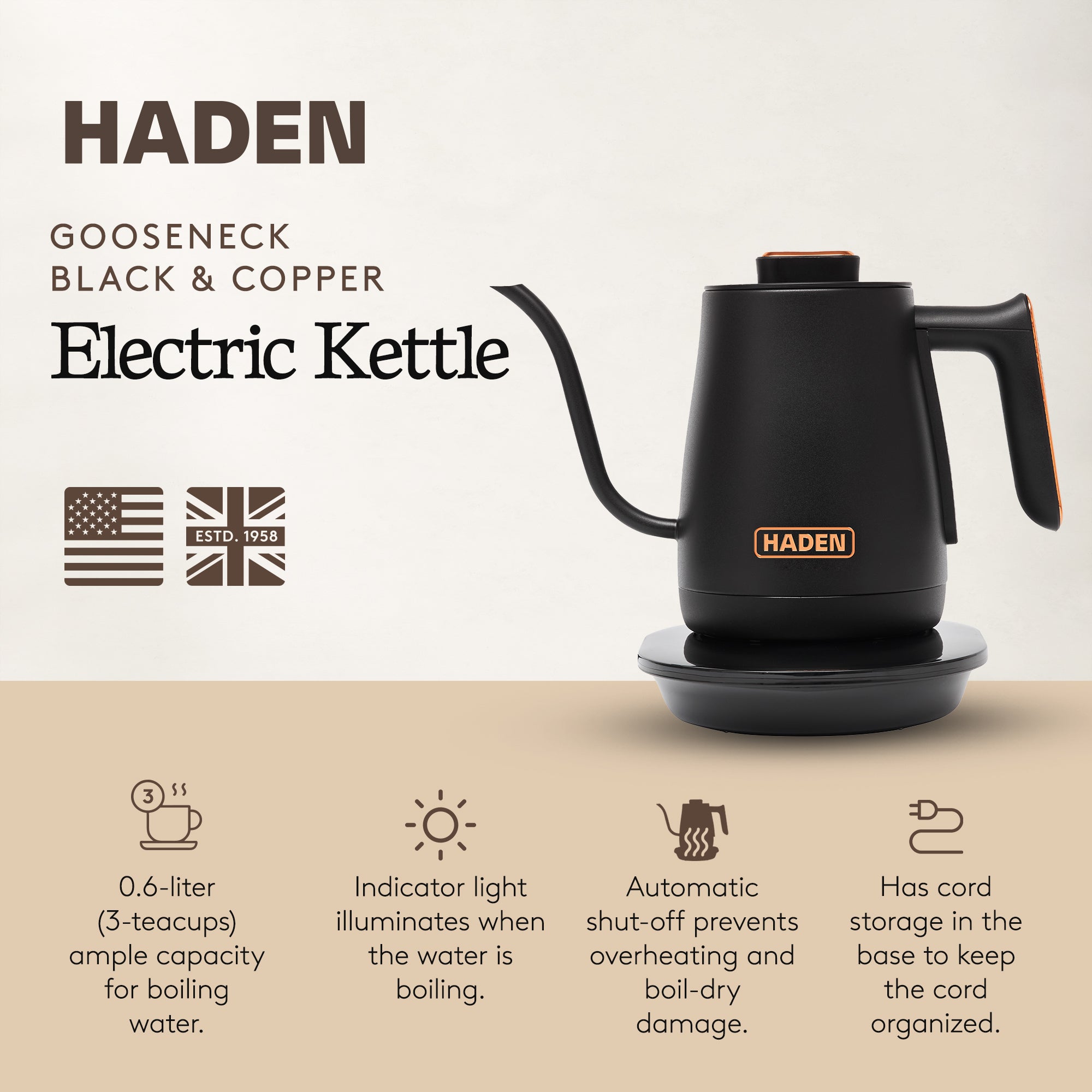 Haden Electric Tea Kettle, Gooseneck Hot Water Boiler, 0.6L Teapot, Black/Copper - VMInnovations