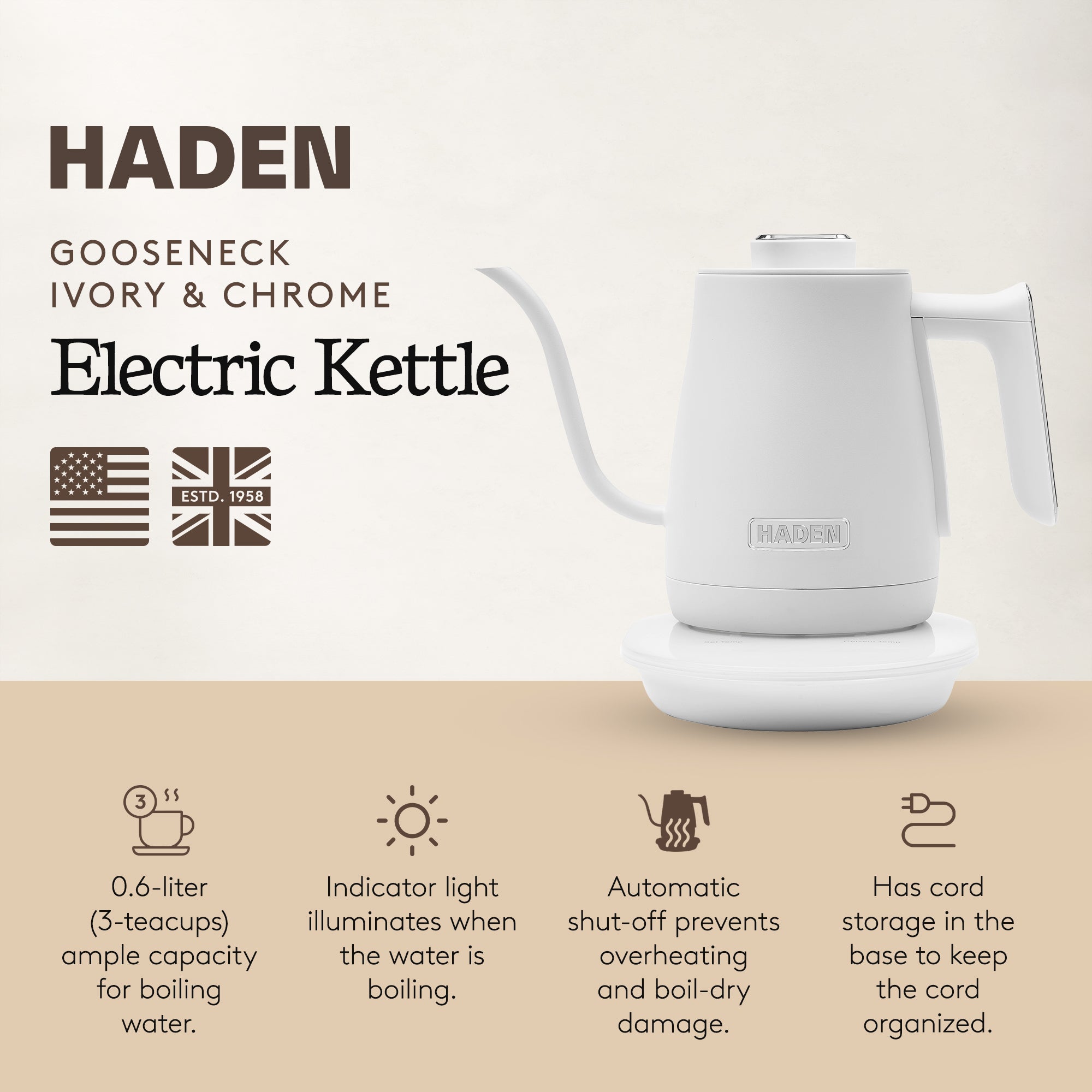 Haden Electric Tea Kettle, Gooseneck Hot Water Boiler, 0.6L Teapot, Ivory/Chrome - VMInnovations